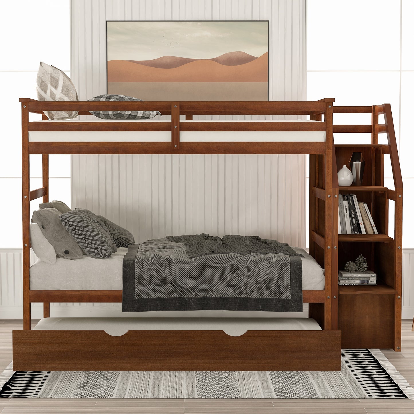 Elegant Walnut Finish Twin Bunk Bed with Trundle, Stairs, and Storage