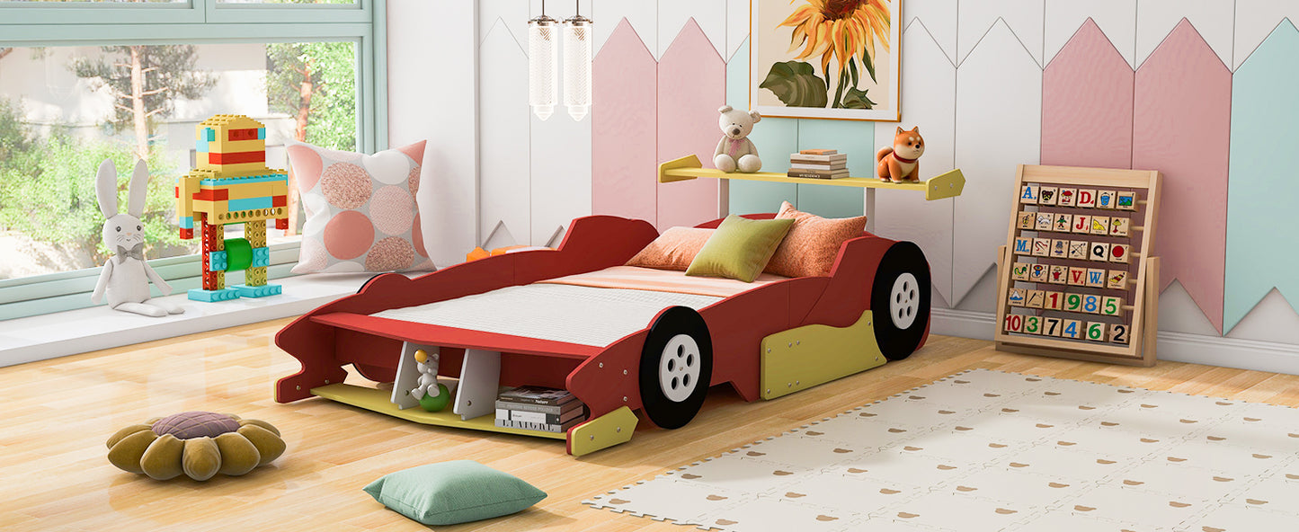 Full Size Race Car-Shaped Platform Bed with Wheels,Red