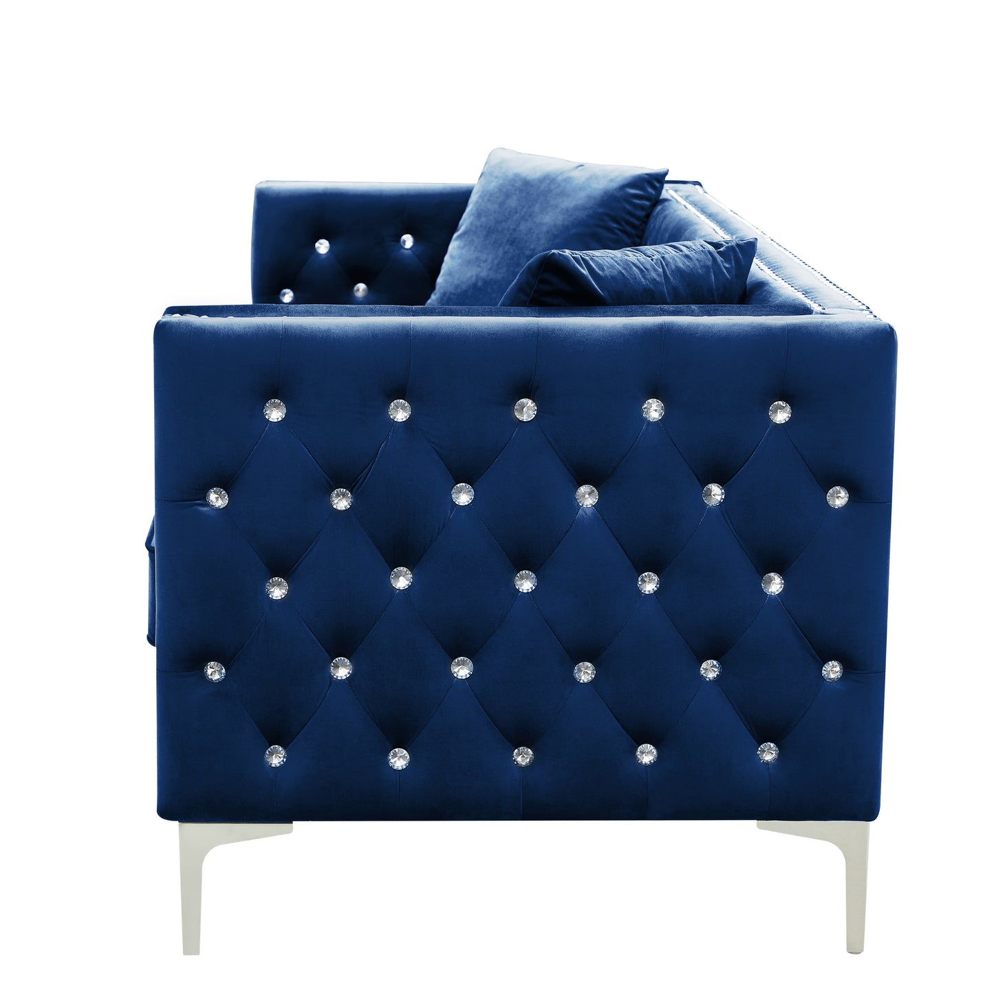 Blue Modern Velvet Sofa with Jeweled Buttons and Tufted Square Arms, 2 Pillows Included