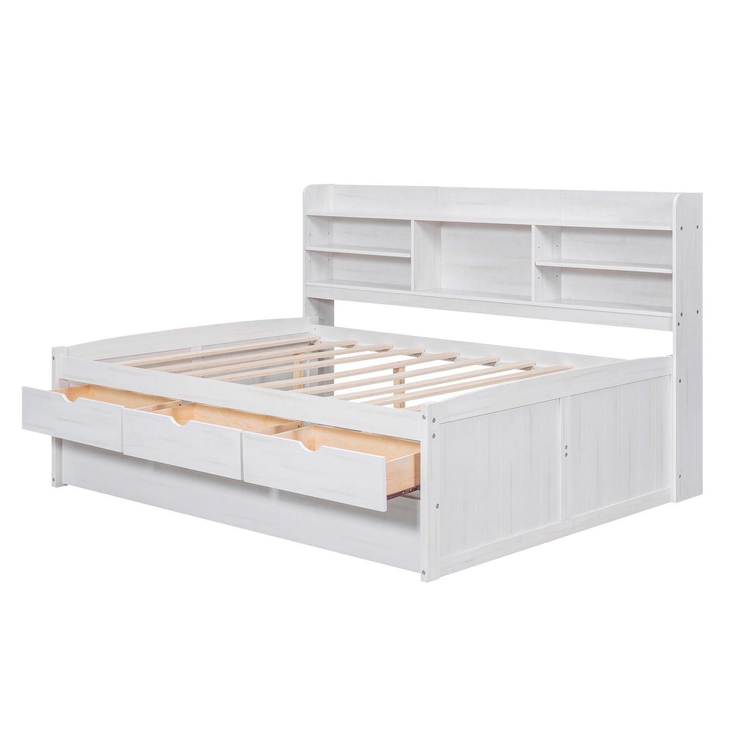 Full Size Wooden Captain Bed with Built-in Bookshelves,Three Storage Drawers and Trundle,White