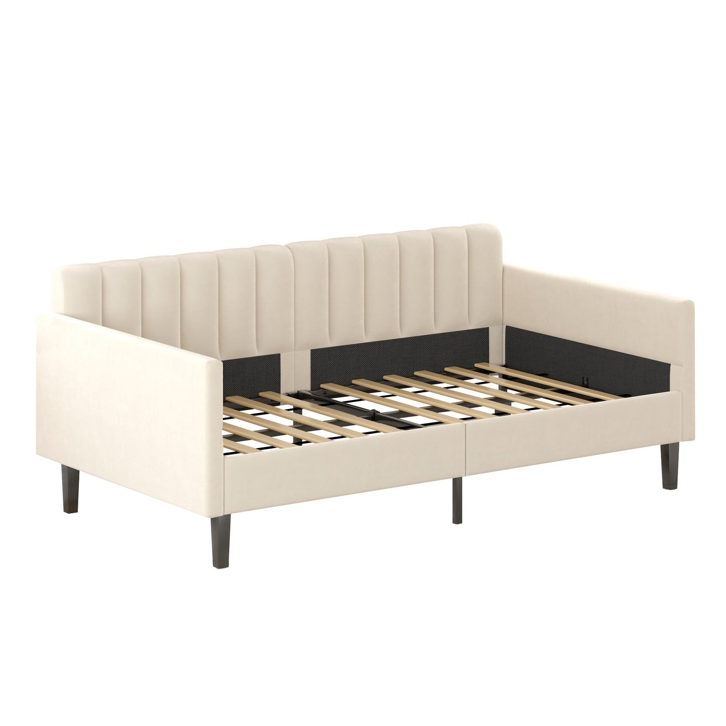 Elena Twin Size Beige Velvet Upholstered Daybed, Ribbed Tufted Backrest, Daybed in Lavish Modern Design, Richly Hued Foam Comfort