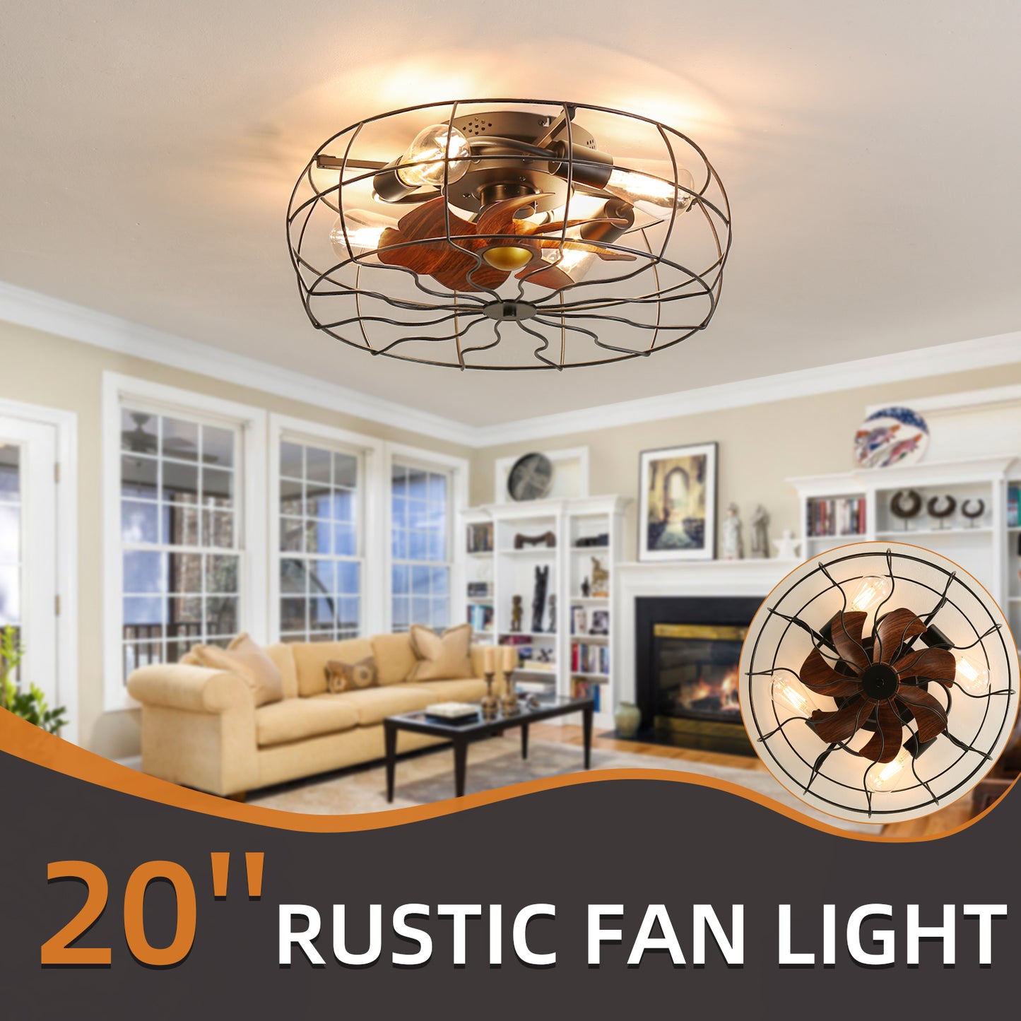 20-Inch American Style Ceiling Fan with Lights, Monochromatic Lamp, Remote Control, 6 Adjustable Speeds: Matte Black Finish