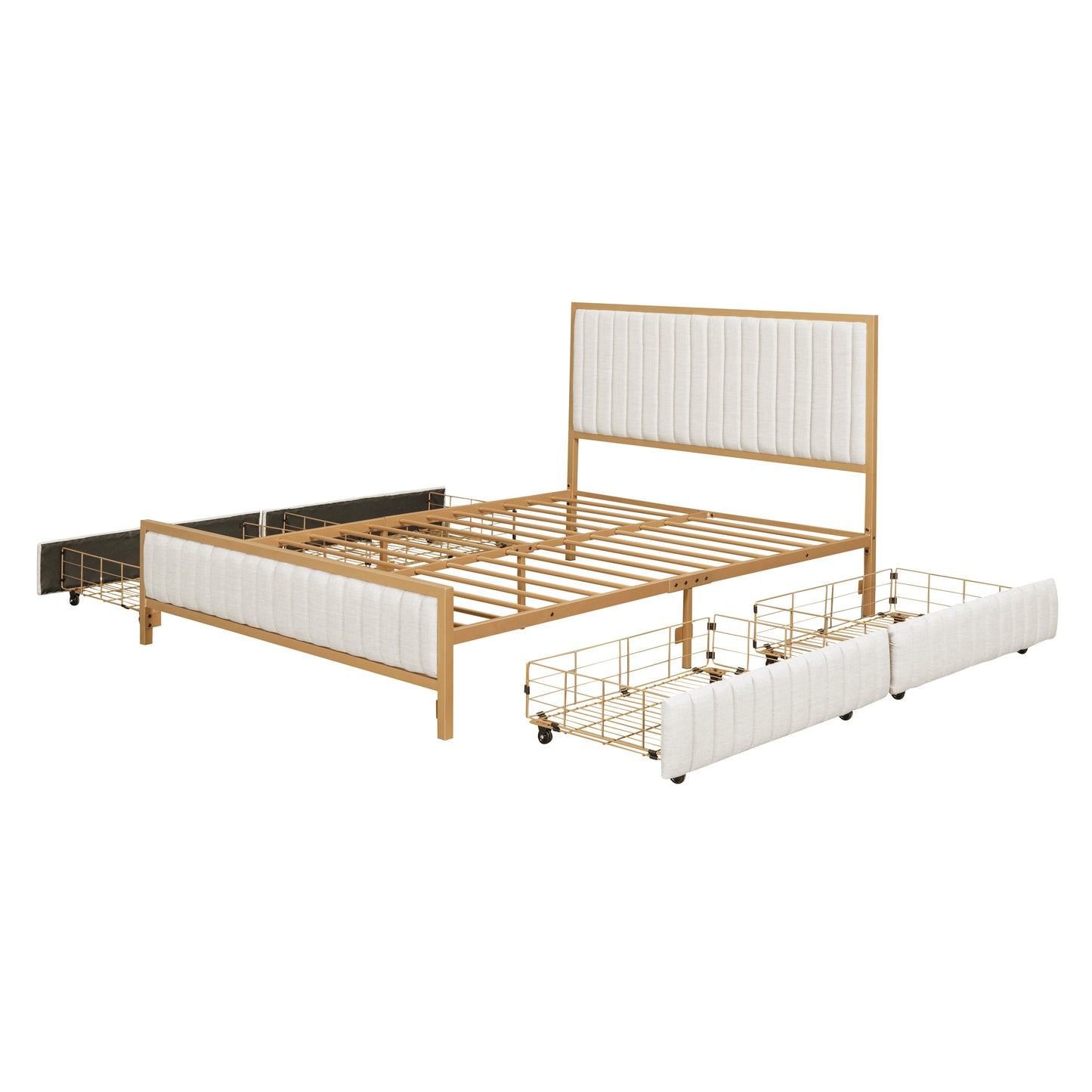 Full Size Metal Frame Upholstered Bed with 4 Drawers, Linen Fabric, Beige