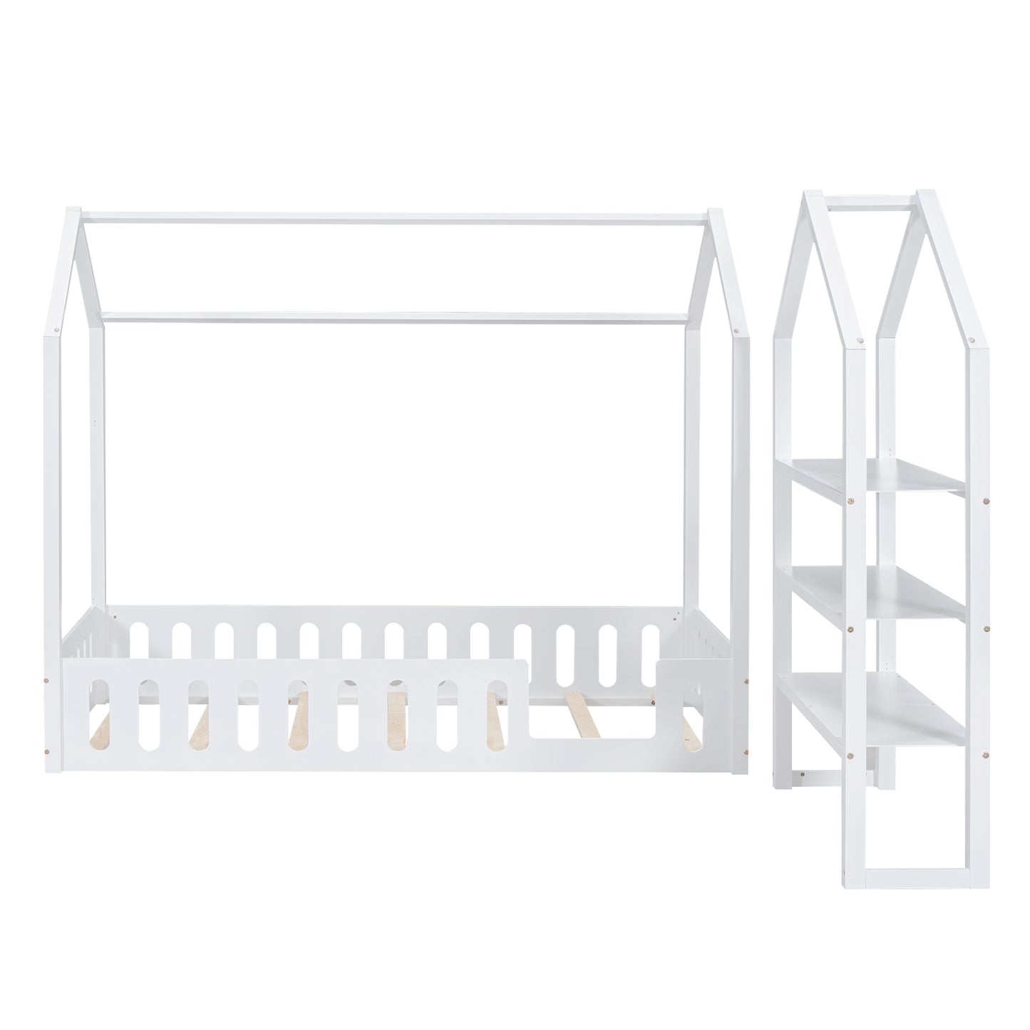 Twin Size Wood House Bed with Fence and Detachable Storage Shelves, White(Expected Arrival Time: 1.7)