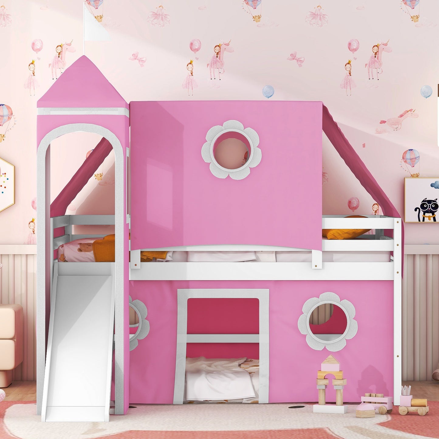 Pink Castle Loft Full Size Bunk Bed with Slide, Tent, and Tower - Enchanting Pink Castle Loft Bed with Slide, Tent, and Tower