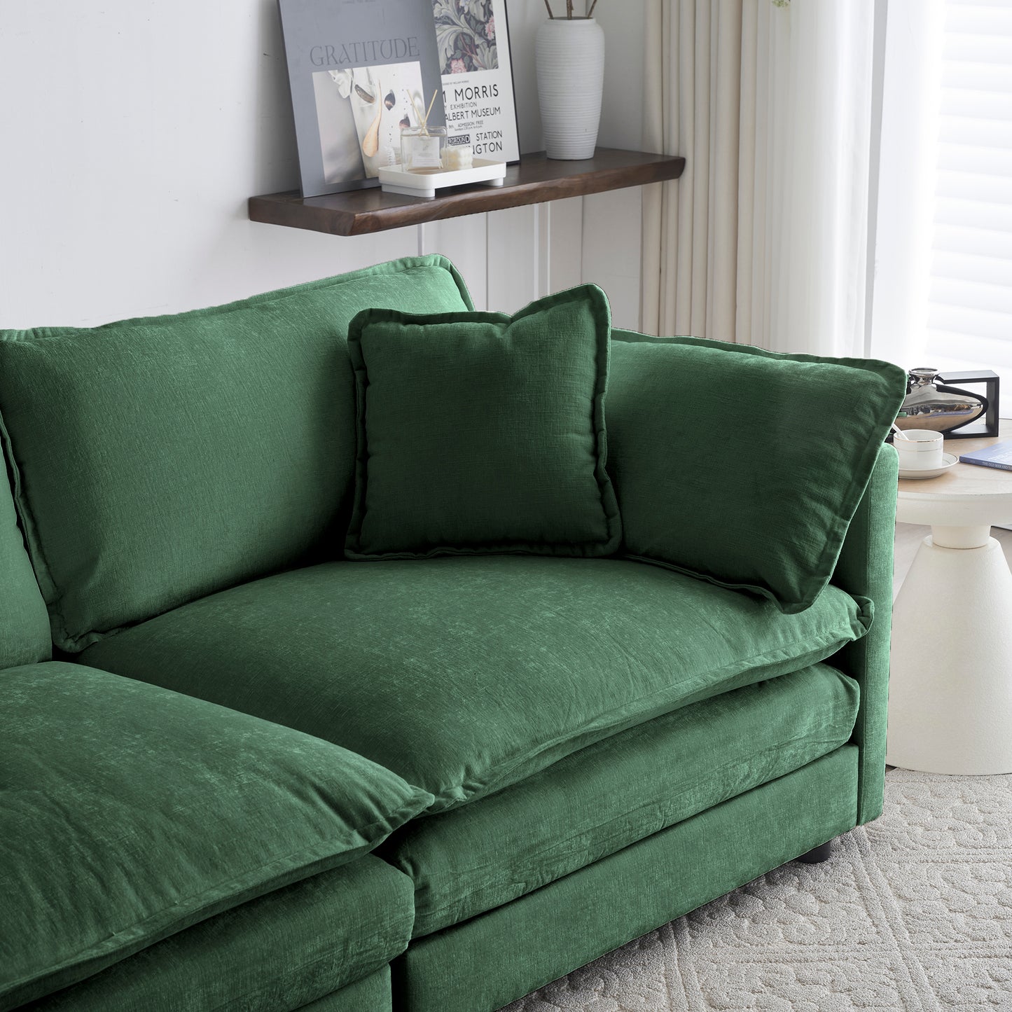 Armless Deep Seat 2 Seater Chenille Fabric Sofa to Combine With Alternative Arms and Single Armless Sofa , Green Chenille