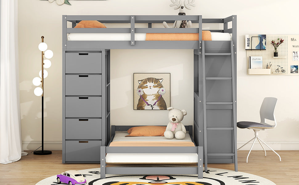 Twin Over Twin Gray Bunk Bed with LED Light, USB Ports, and Storage Space