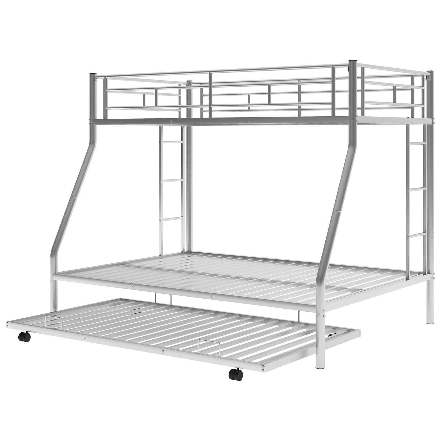 Silver Steel Bunk Bed Set with Twin Trundle and Two-Side Ladders