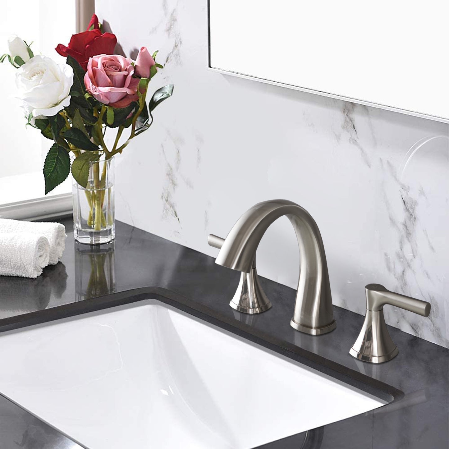 Elegant Brushed Nickel 3-Hole Two-Handle Bathroom Sink Faucet with Drain Assembly