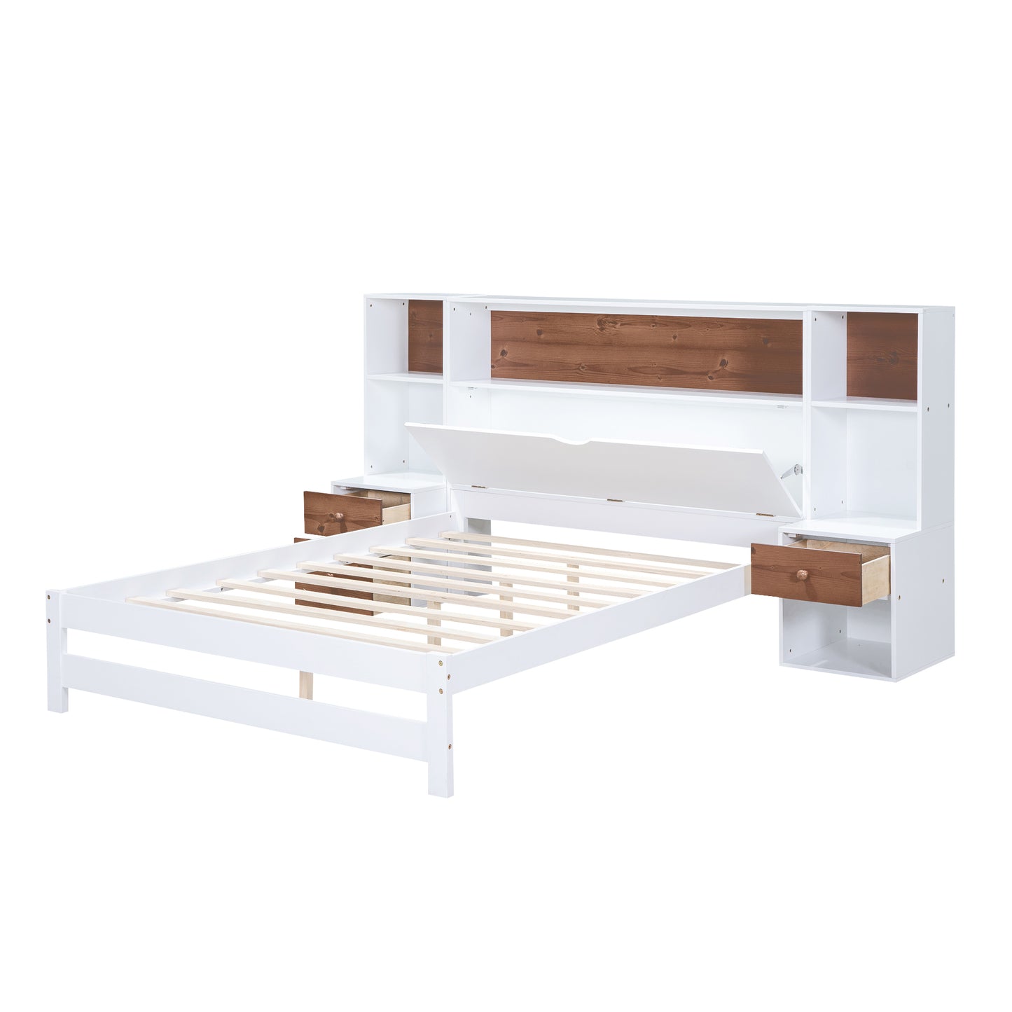 Full Size Platform Bed with Storage Headboard and Drawers, White