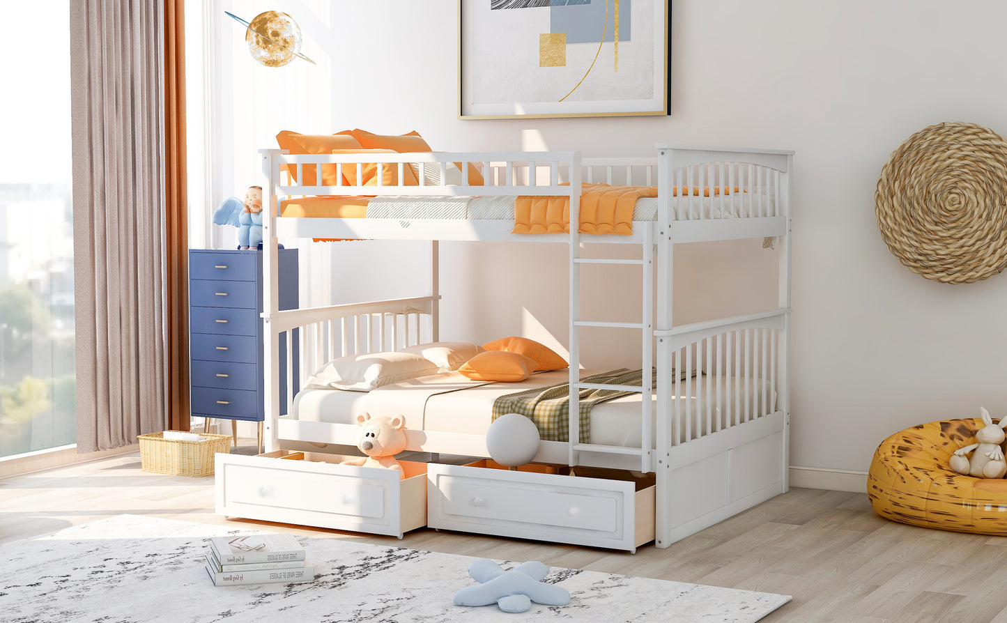 White Full over Full Bunk Bed with Convertible Daybeds, Drawers, and Storage