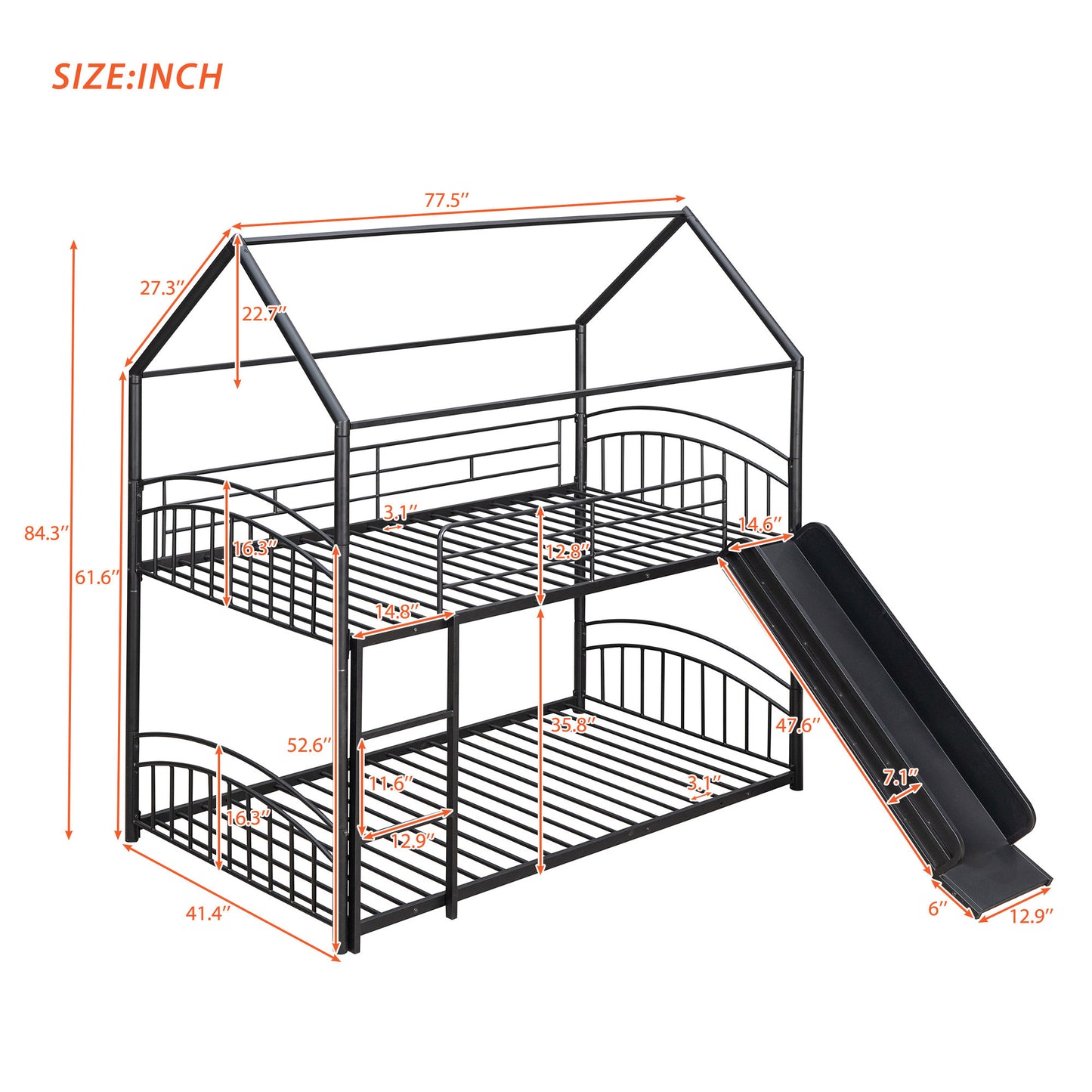 Kids Playhouse Slide Bunk Bed with Removable Roof