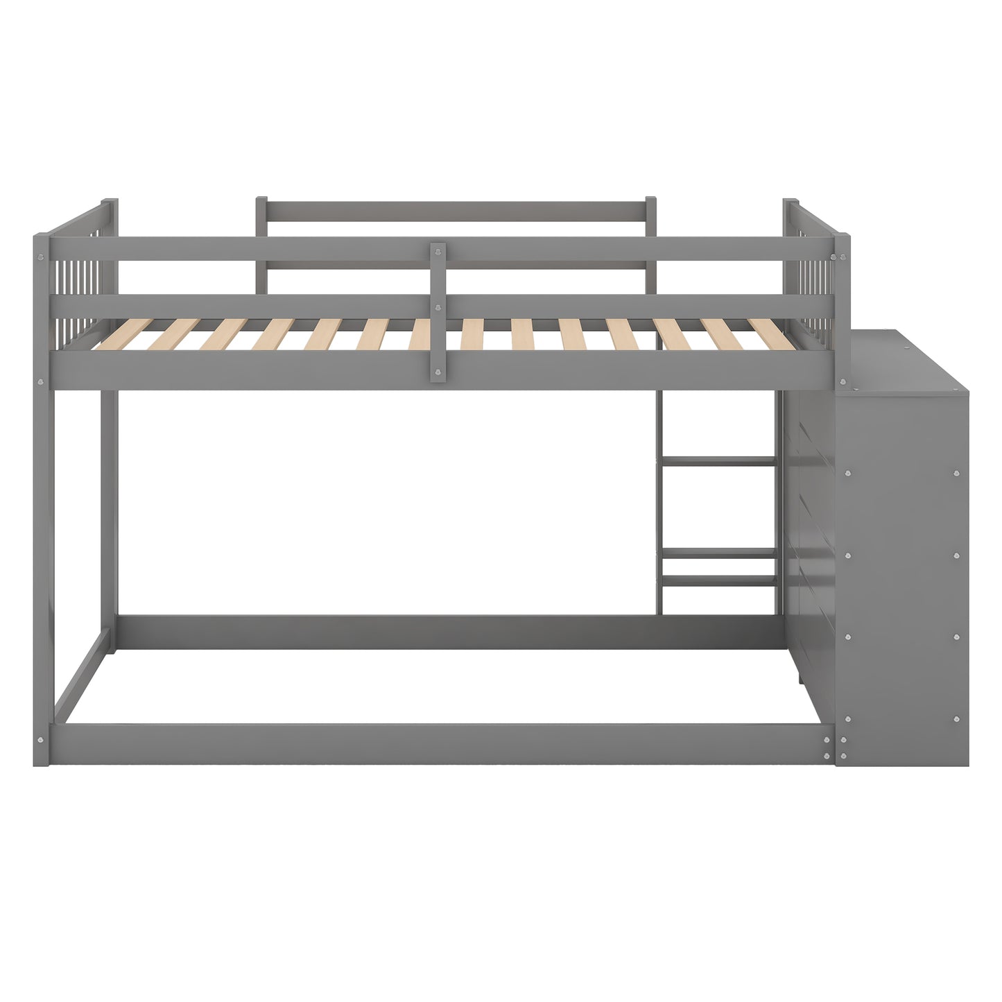 Gray Space-Saving Twin Bunk Bed with Storage Cabinet and Shelves