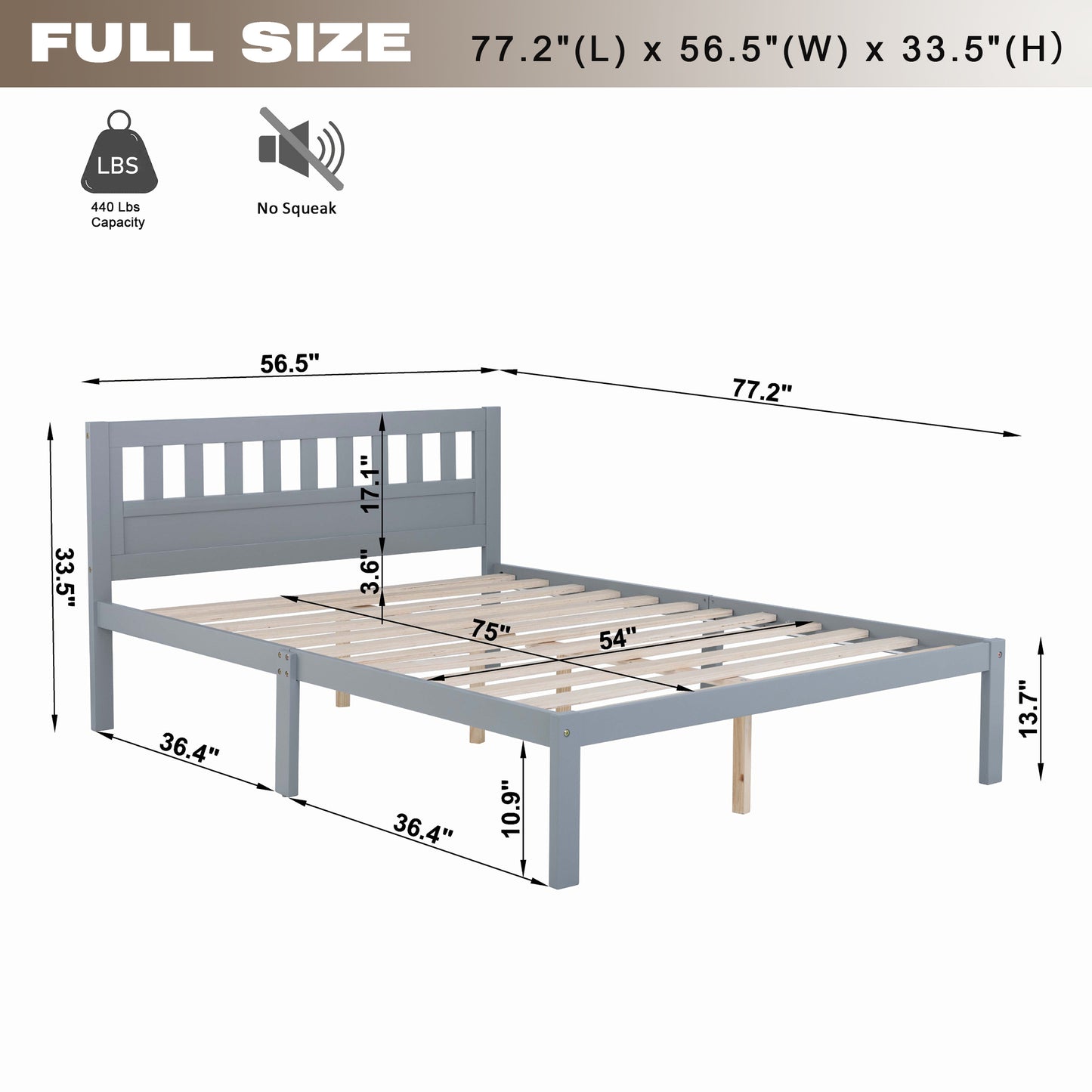 Full Size Bed, Wood Platform Bed Frame with Headboard For Kids, Slatted, Gray