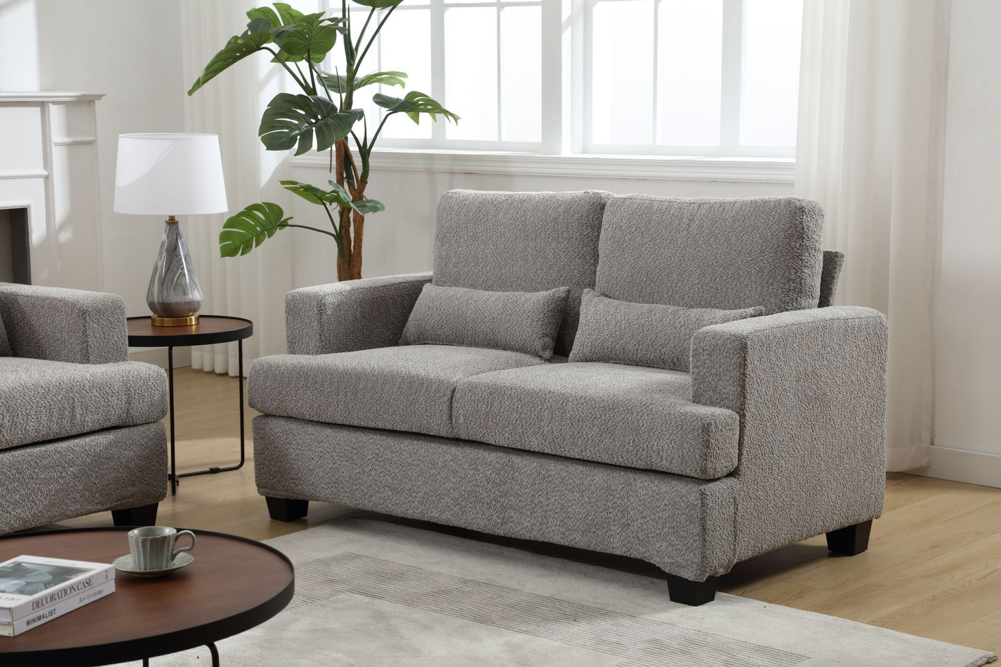 Elegant 63 Modern Loveseat with Square Armrest and 2 Waist Pillows (White & Gray Fabric)