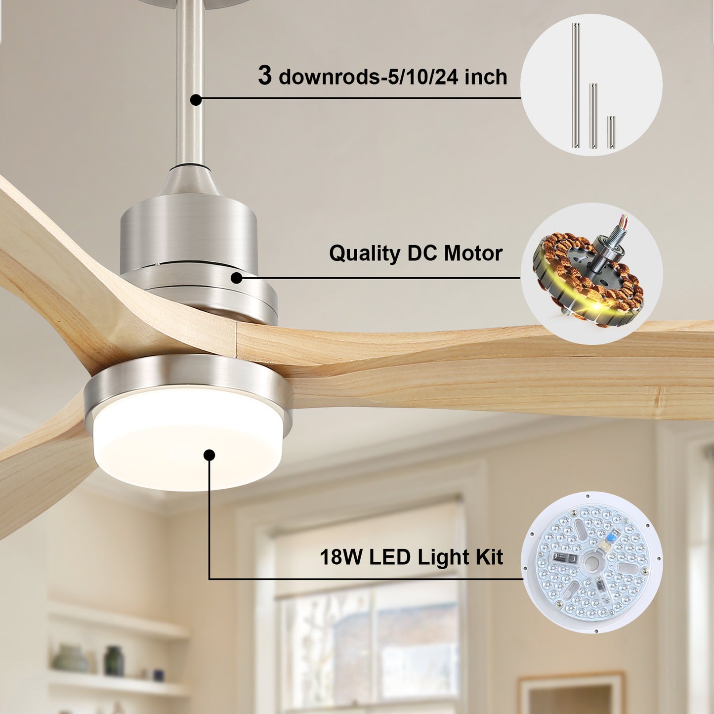 52 Reversible Wood Blade Ceiling Fan with Dimmable LED Light & Remote Control