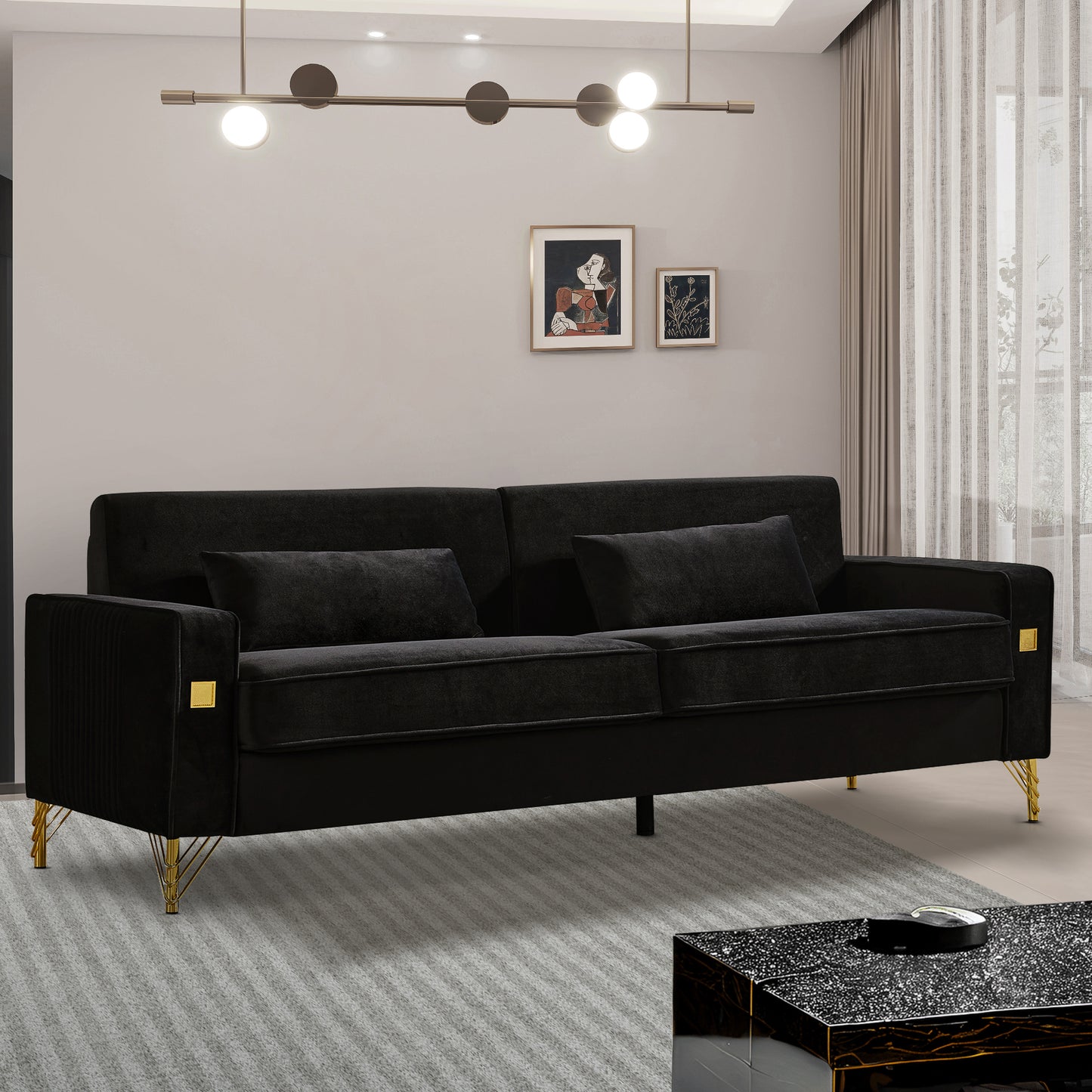 85.44 Luxurious Velvet Sofa with Gold Legs for Elegant Living Room