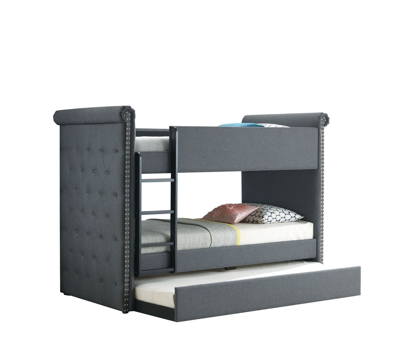 Gray Fabric Romana II Twin Over Twin Bunk Bed Set with Trundle