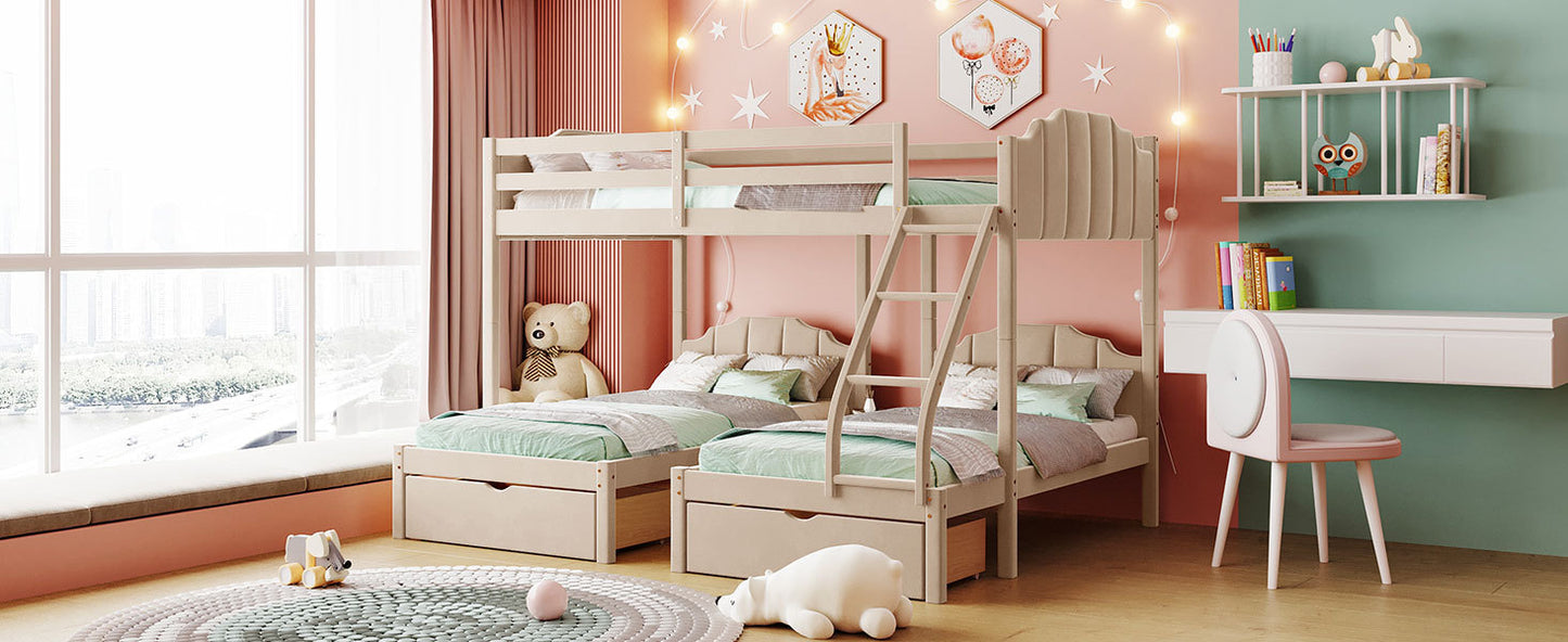 Triple Bunk Bed with Full Lower Bed, Twin Upper Bed, Velvet Finish, Beige - Space-Saving Triple Bed with Full, Twin, and Velvet Touch