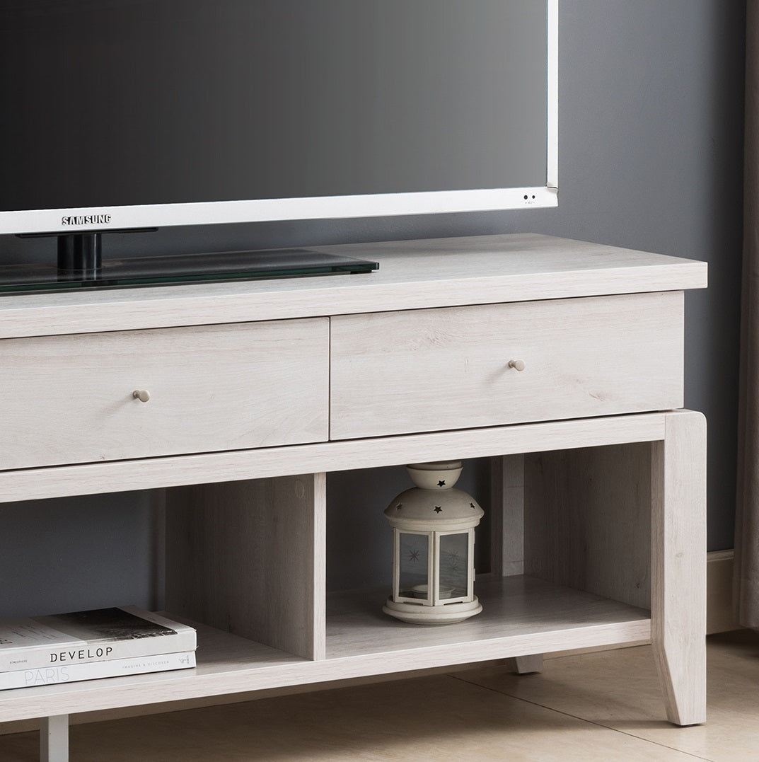 White Oak TV Stand with Three Drawers, Three Shelves, and Ample Media Storage