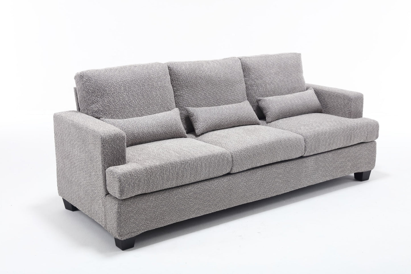 Modern 3-Seater White and Gray Fabric Sofa with Square Armrest and Waist Pillows