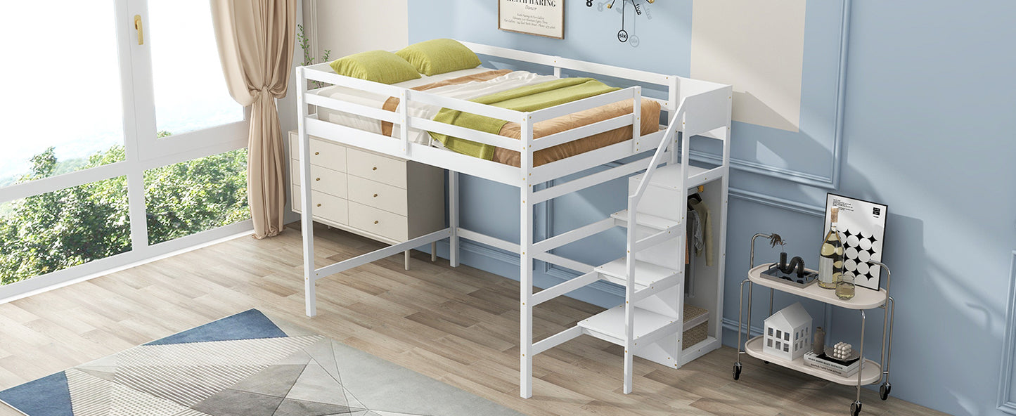 Full Size Loft Bed with Built-in Storage Wardrobe and Staircase, White