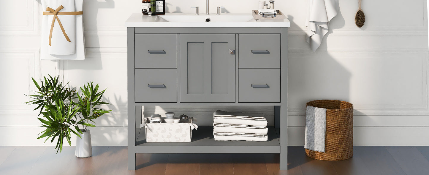 36" Gray Modern Bathroom Vanity with USB,Two Shallow Drawers, One Deep Drawer,One door,Single Resin Sink,Small Bathroom Organization Cabinet