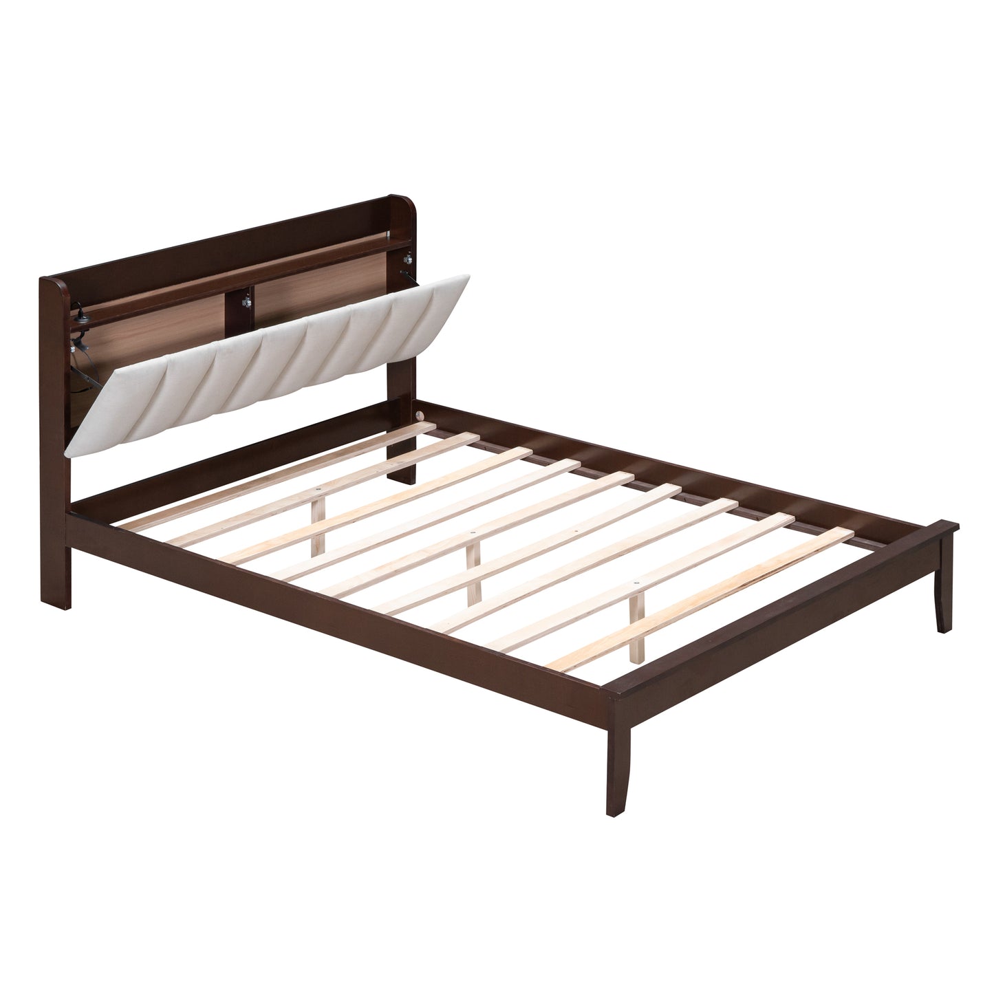 Full size Platform Bed with USB Charging Station and Storage Upholstered Headboard,LED Bed Frame,No Box Spring Needed,Walnut+Beige