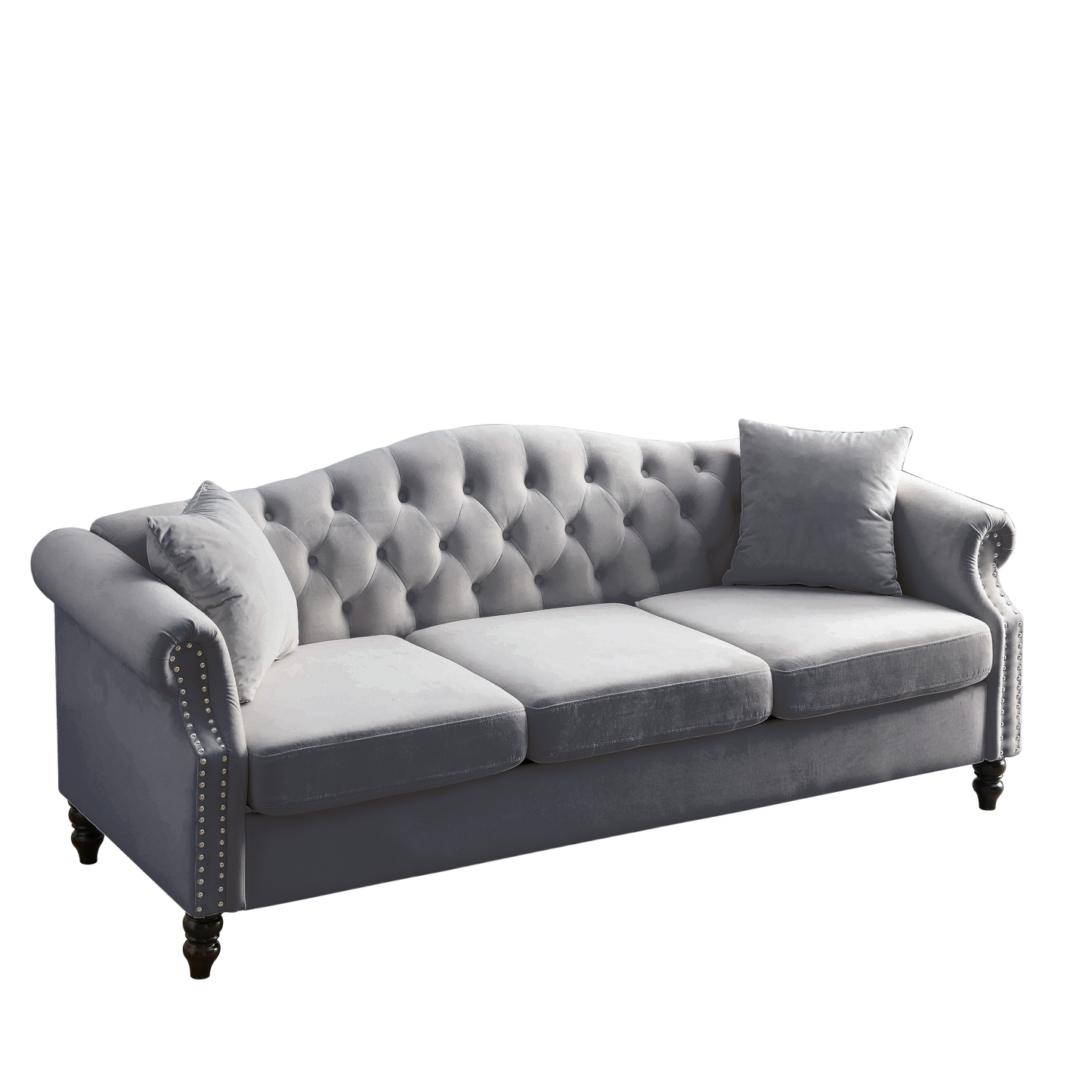 Grey Velvet Chesterfield 3-Seater Sofa Combination with Nailhead Trim