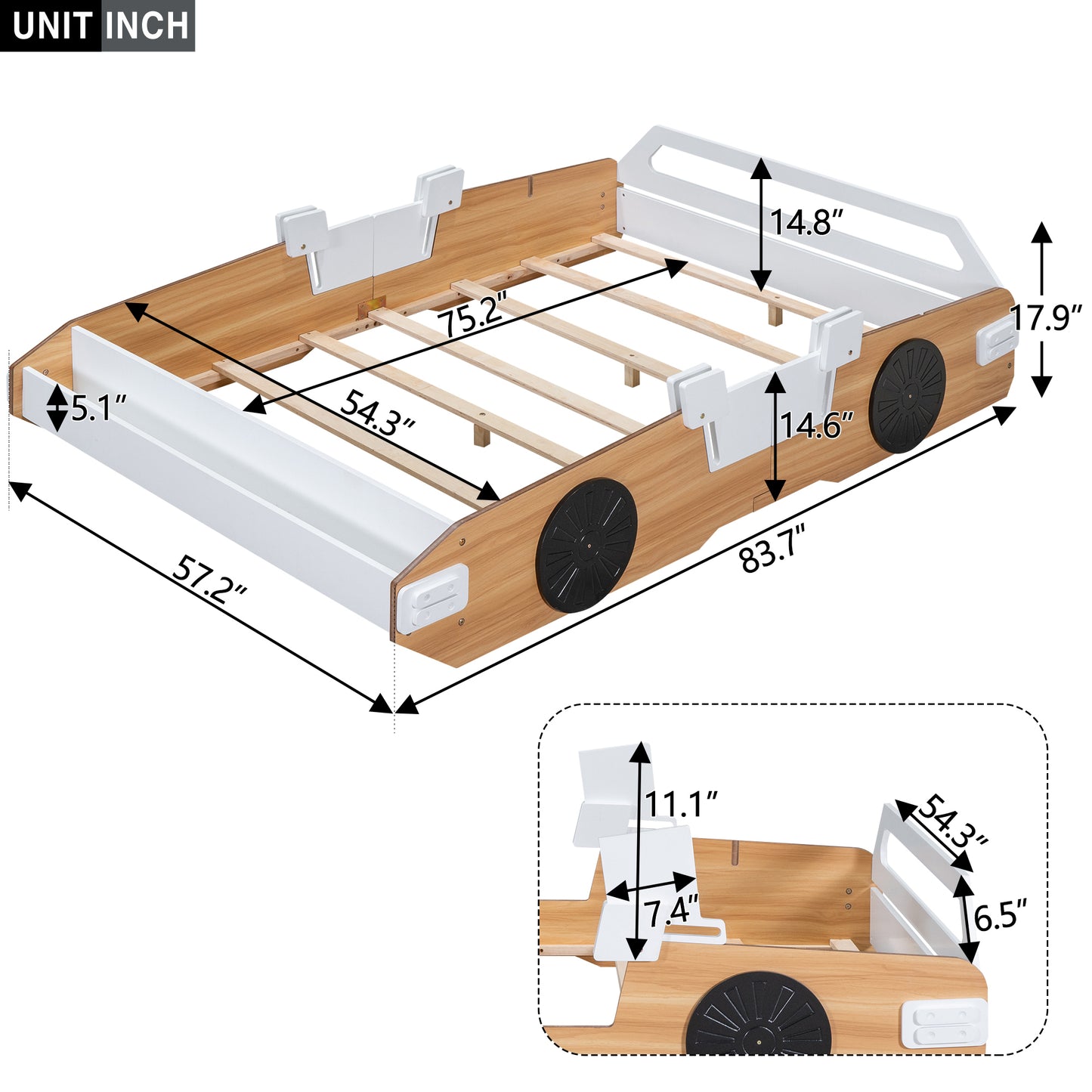 Wood Full Size Racing Car Bed with Door Design and Storage, Natural+White+Black