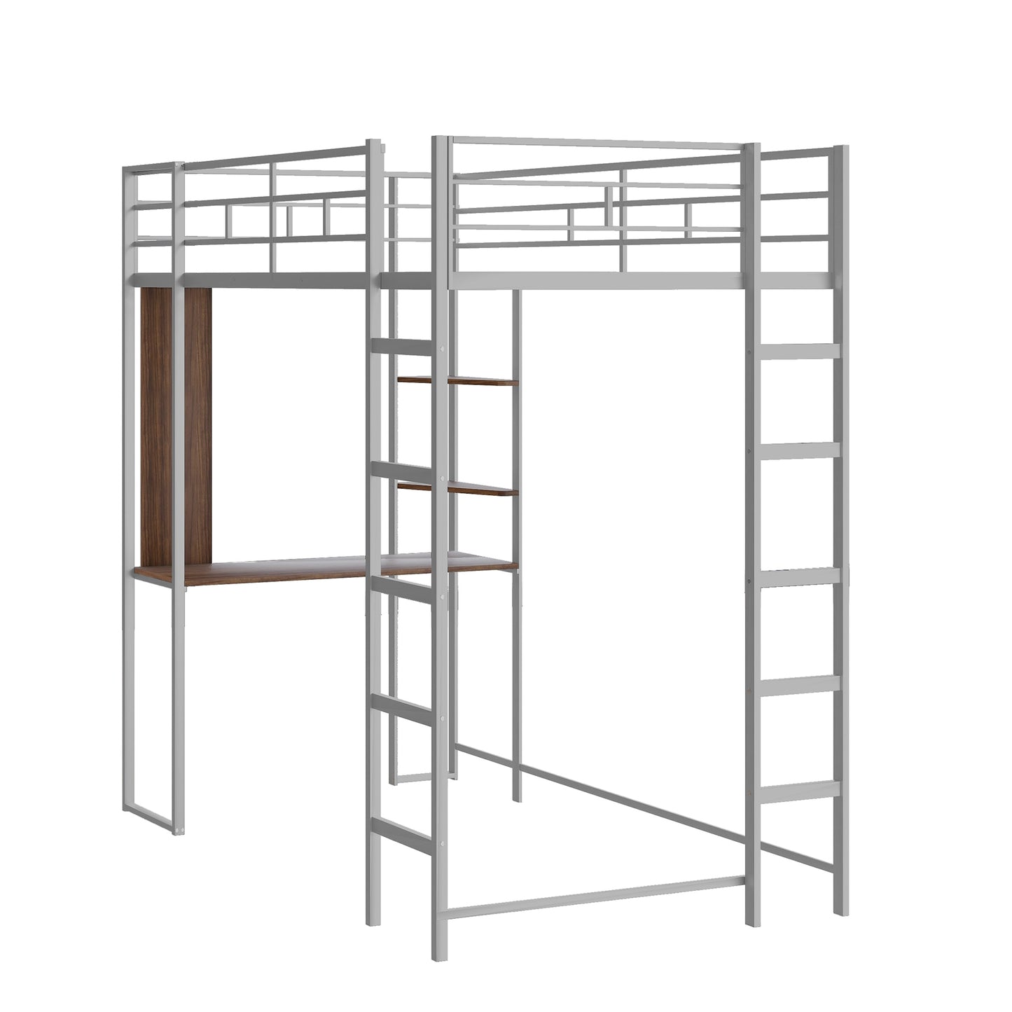 Twin Metal Loft Bed with 2 Shelves and one Desk ,Silver(: MF281206AAN)