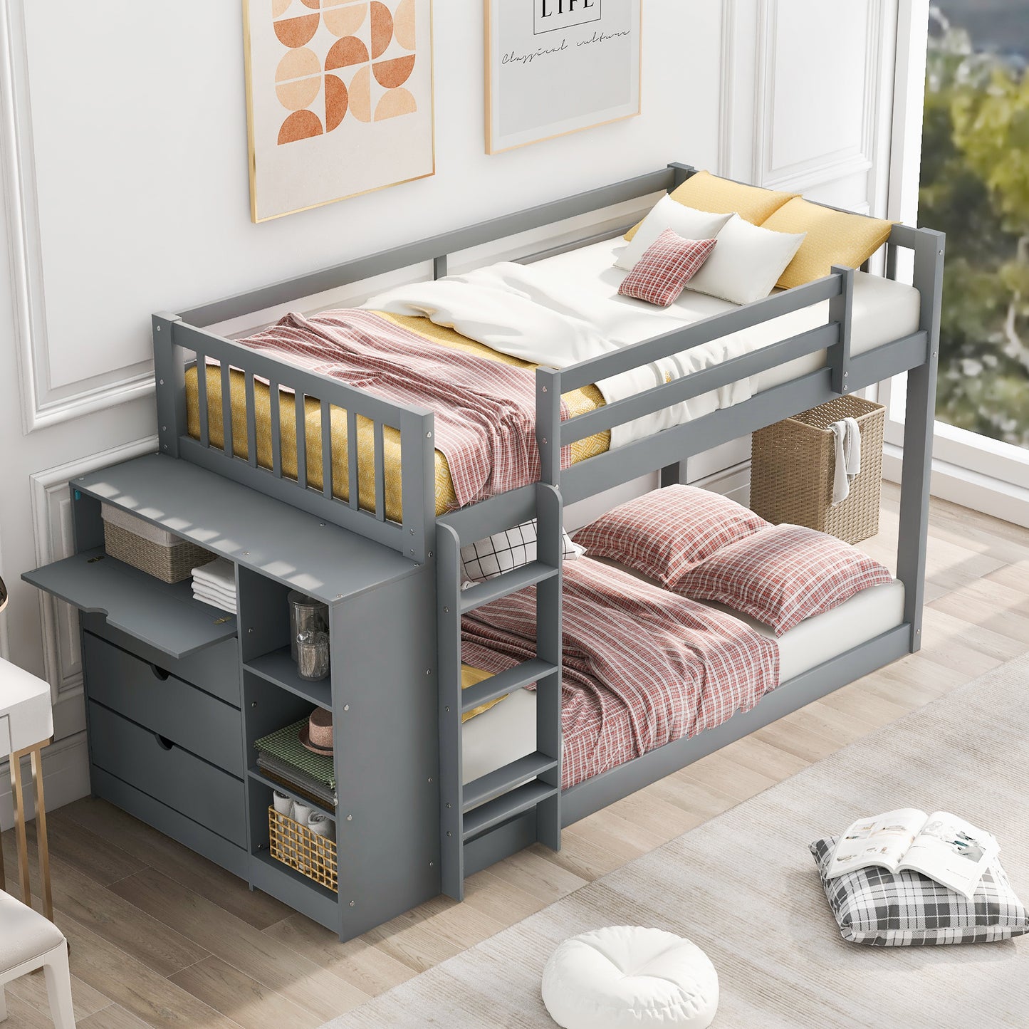 Gray Space-Saving Twin Bunk Bed with Storage Cabinet and Shelves