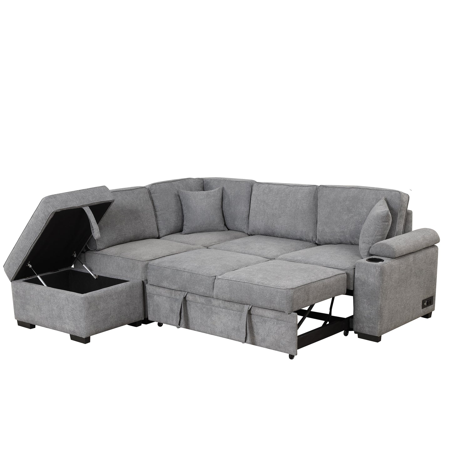 87.4 Gray L-Shaped Sleeper Sofa Bed with Ottoman Storage