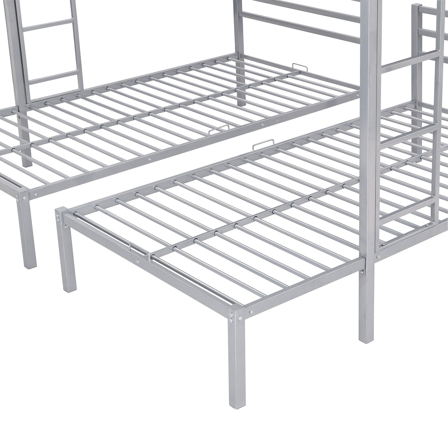 Space-Saving Silver Metal Triple Bunk Bed with Storage Shelf - Full over Twin & Twin Size