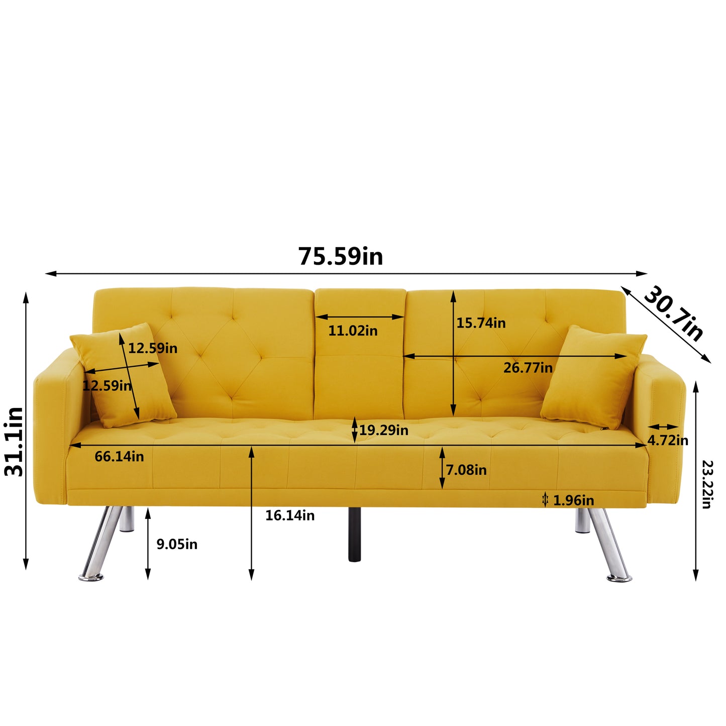 Square Arm Armrests, Yellow Linen Convertible Sofa and Daybed