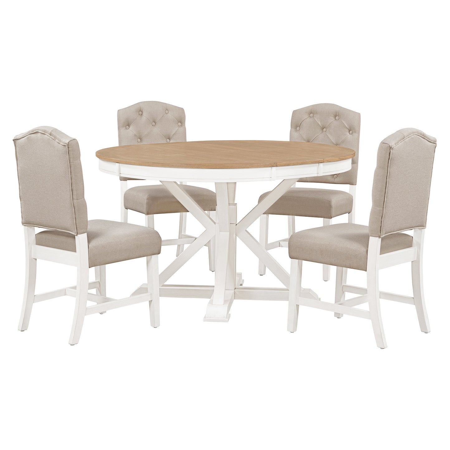 TREXM Functional Furniture Retro Style Dining Table Set with Extendable Table and 4 Upholstered Chairs for Dining Room and Living Room (Oak Natural Wood + Off White)