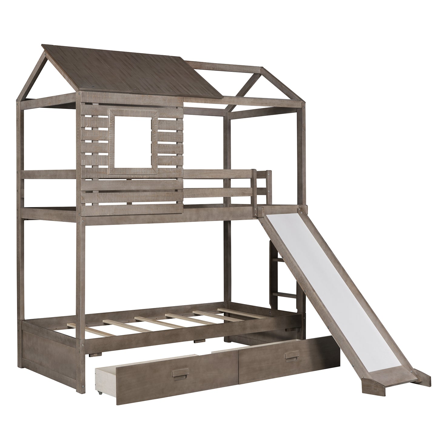 House-Shaped Twin Over Twin Bunk Bed with Slide, Storage Drawers, and Antique Gray Wood Finish