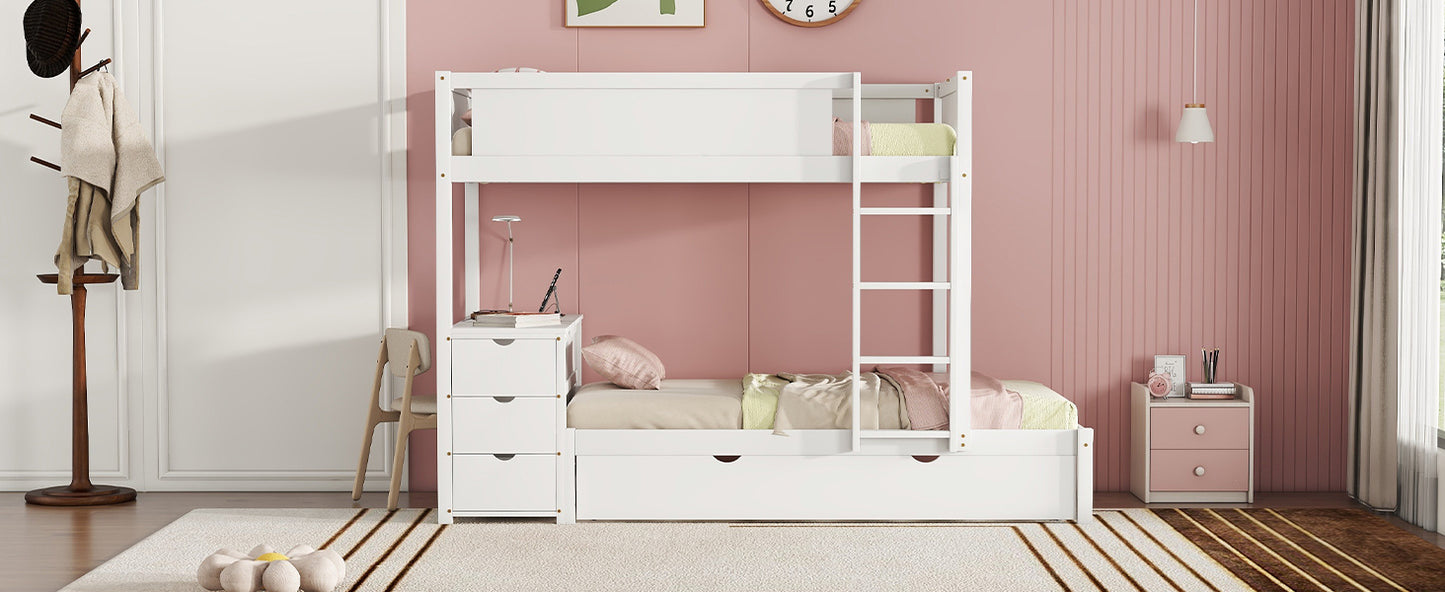 Twin Loft Bed with Trundle, Storage, Desk, and USB Outlets, White