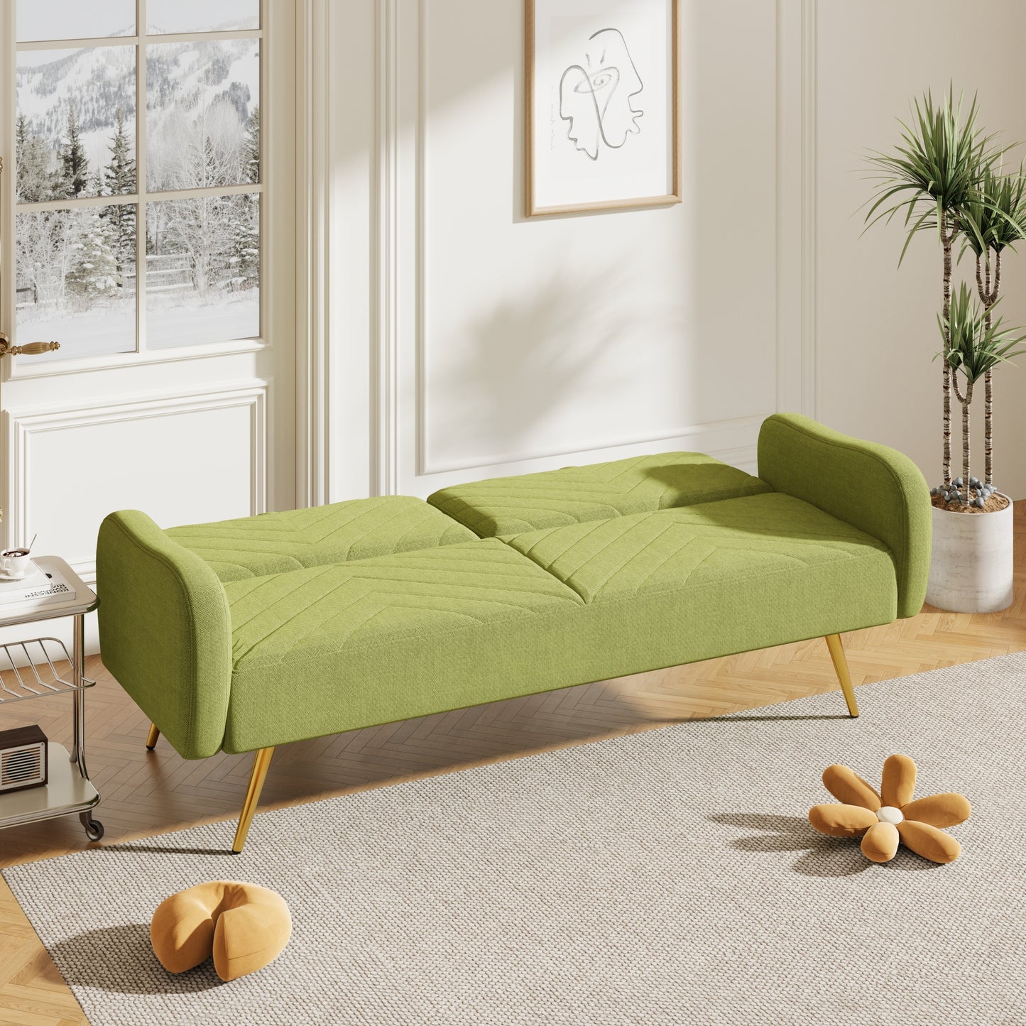 70.47 Green Fabric Double Sofa with Adjustable Split Backrest and Two Throw Pillows