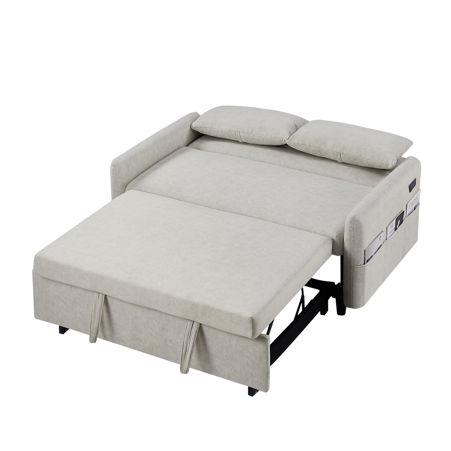 Adjustable Pull Out Sleep Sofa Bed Loveseat Couch with Storage Pockets, USB Ports, Beige