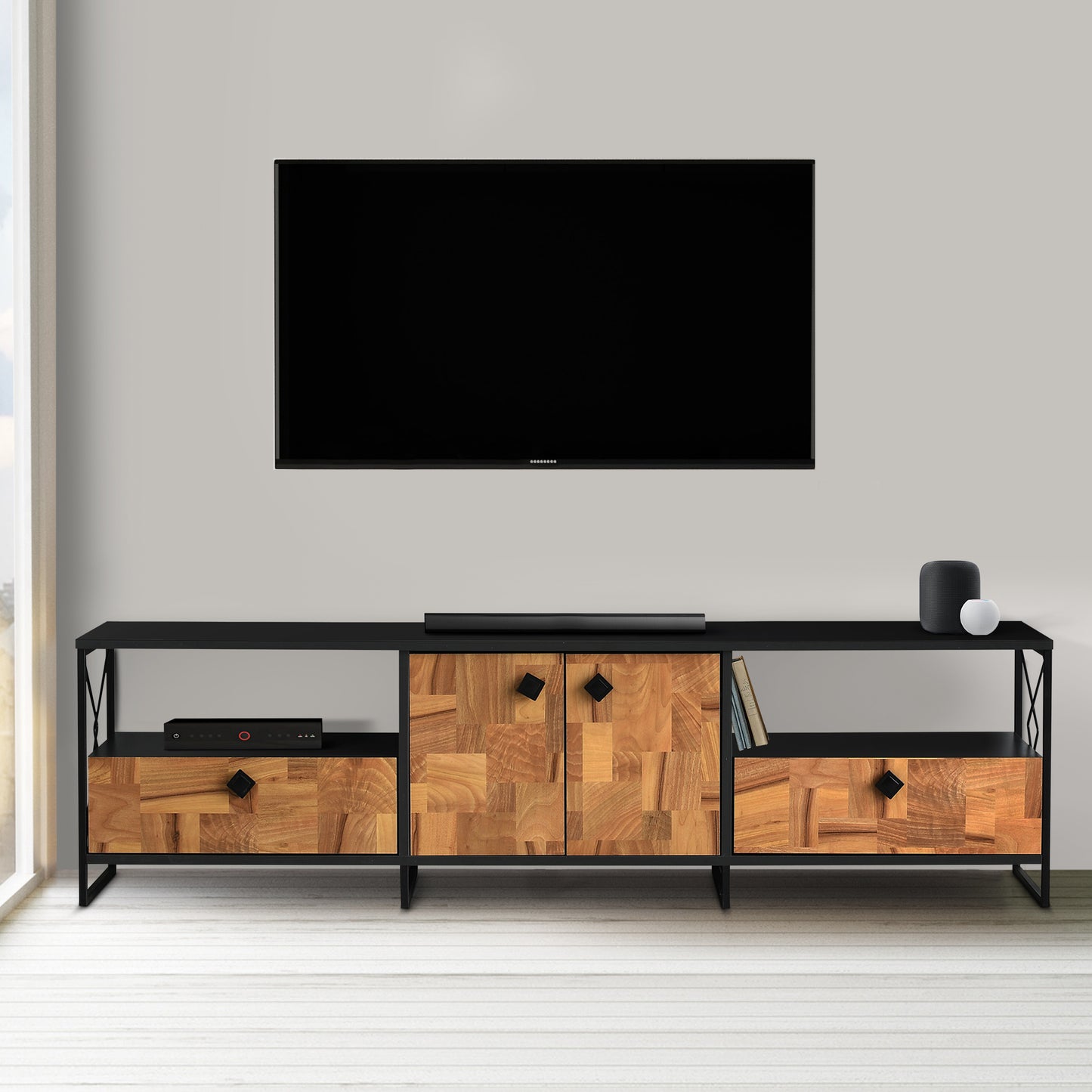 71-Inch Industrial Wooden TV Stand with Metal Frame and Storage Options, Brown and Black