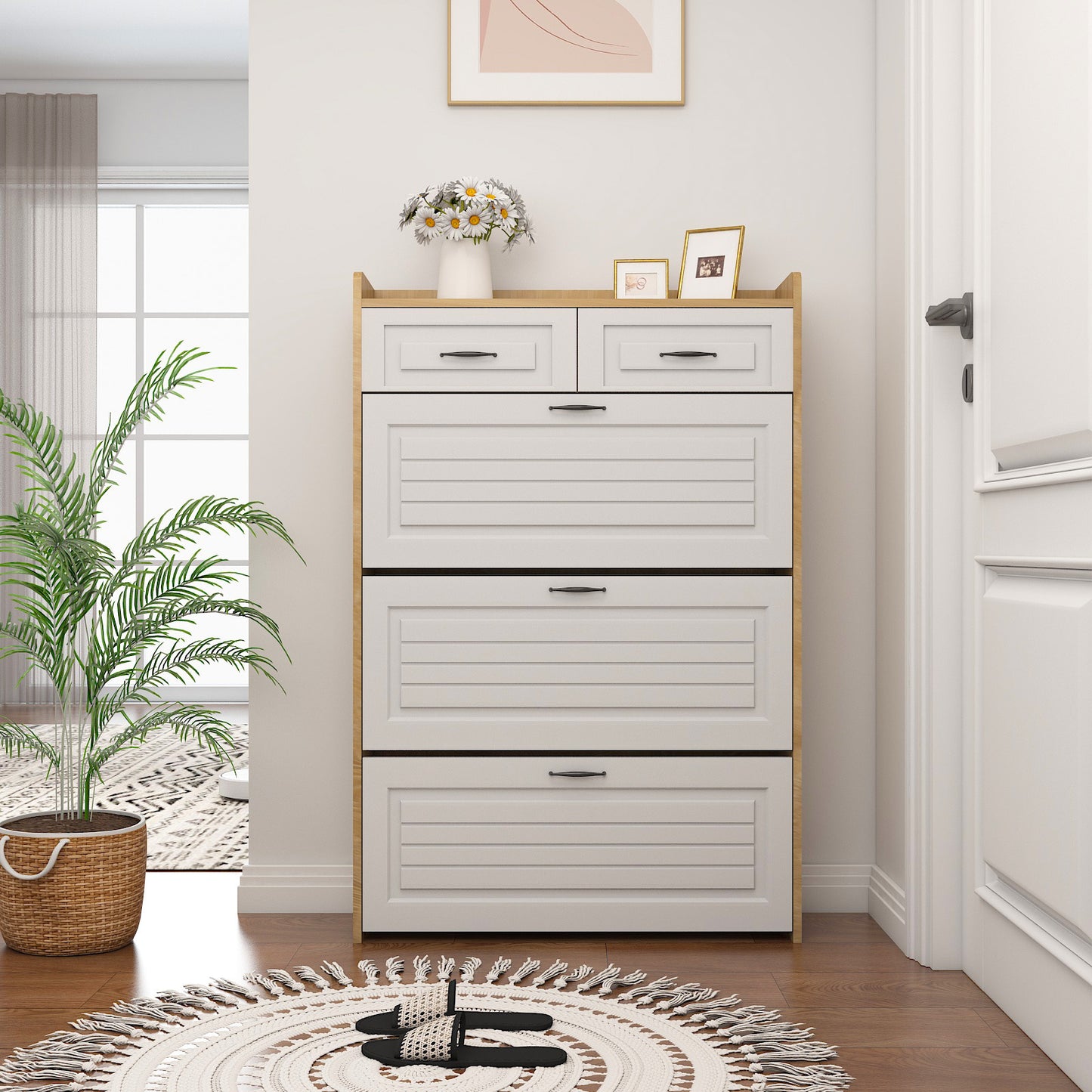 White +Oak Color shoe cabinet  with 3 doors 2 drawers,PVC door with shape ,large space for storage