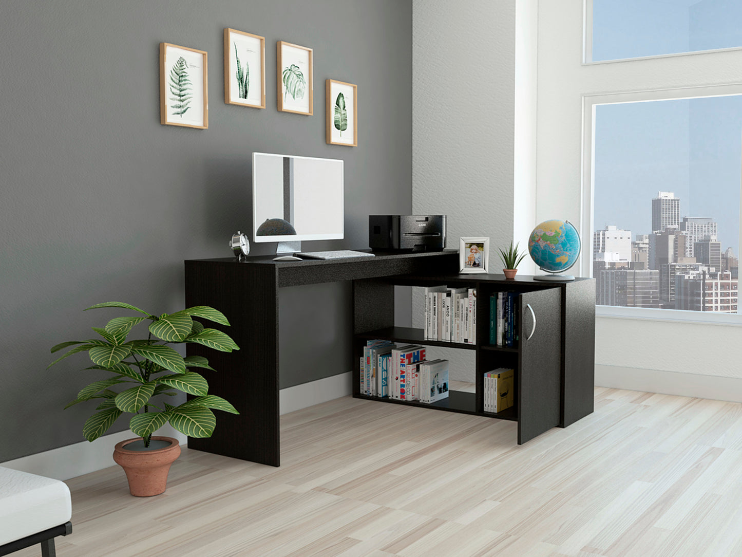 Sleek Black L-Shaped Office Desk with Generous Storage