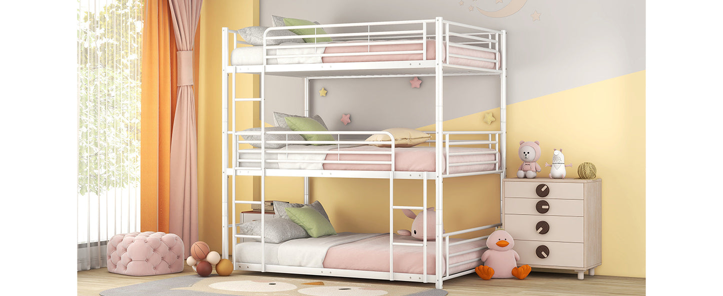 Full-Full-Full Metal  Triple Bed  with Built-in Ladder, Divided into Three Separate Beds,White