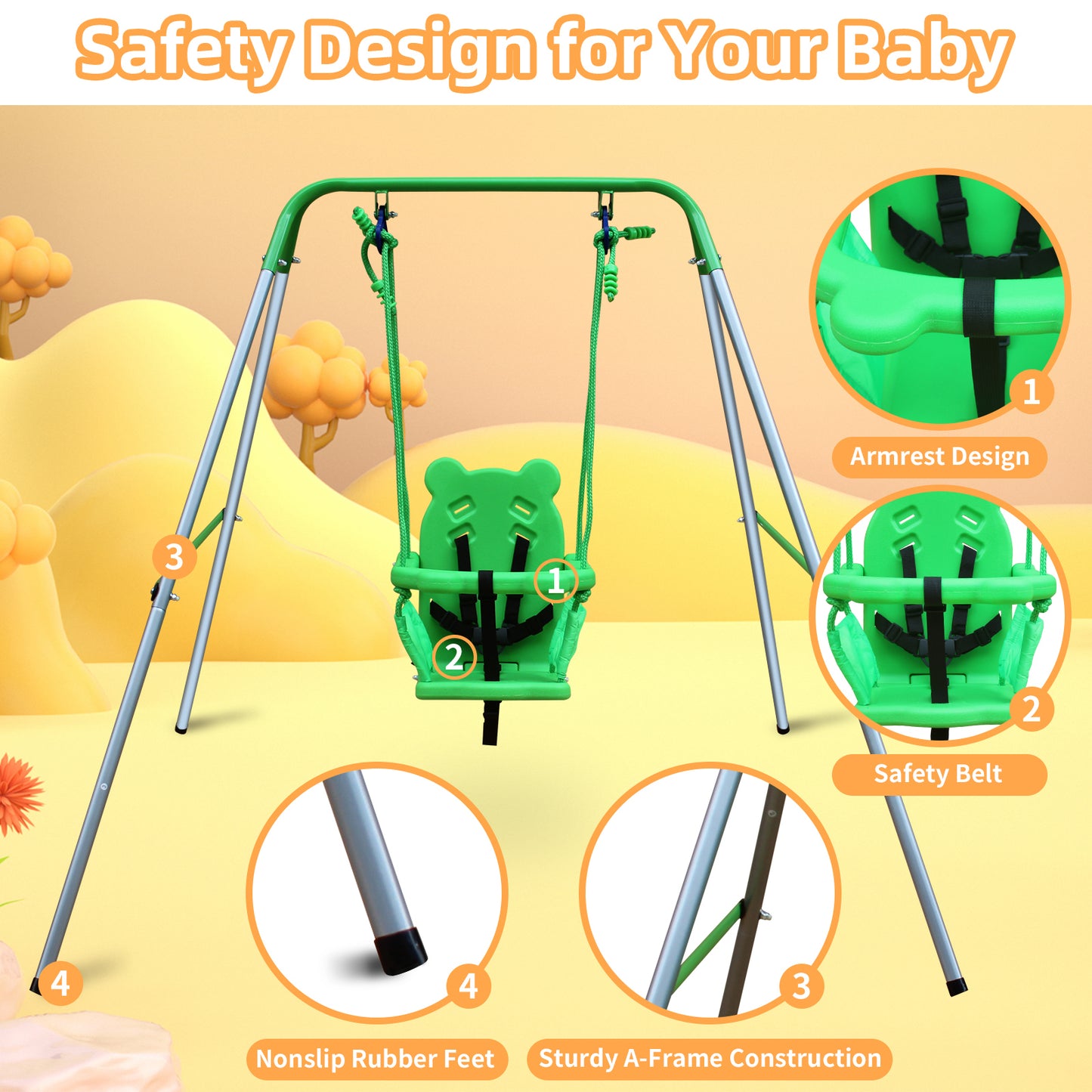 Portable Toddler Baby Swing Set for Indoor and Outdoor Use with Safety Harness and Handrails