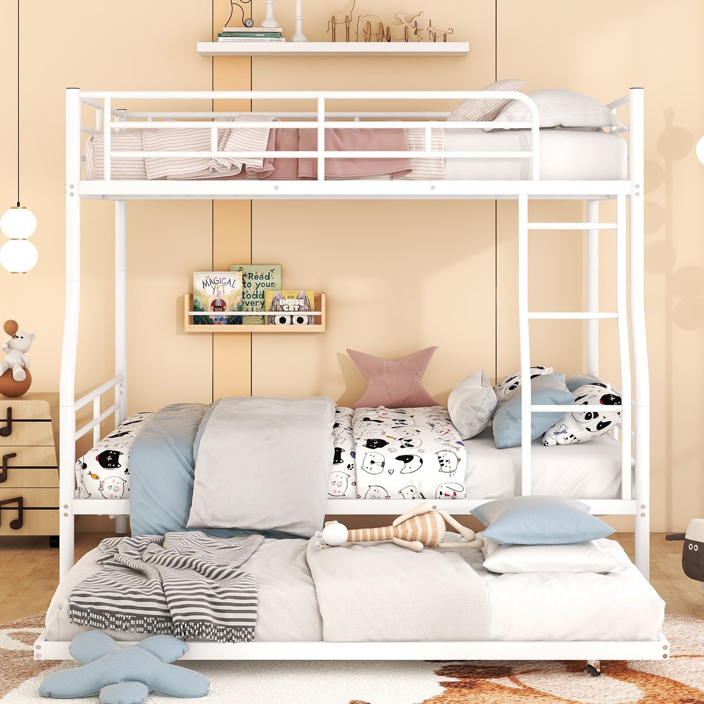 White Full XL Over Queen Metal Bunk Bed with Trundle