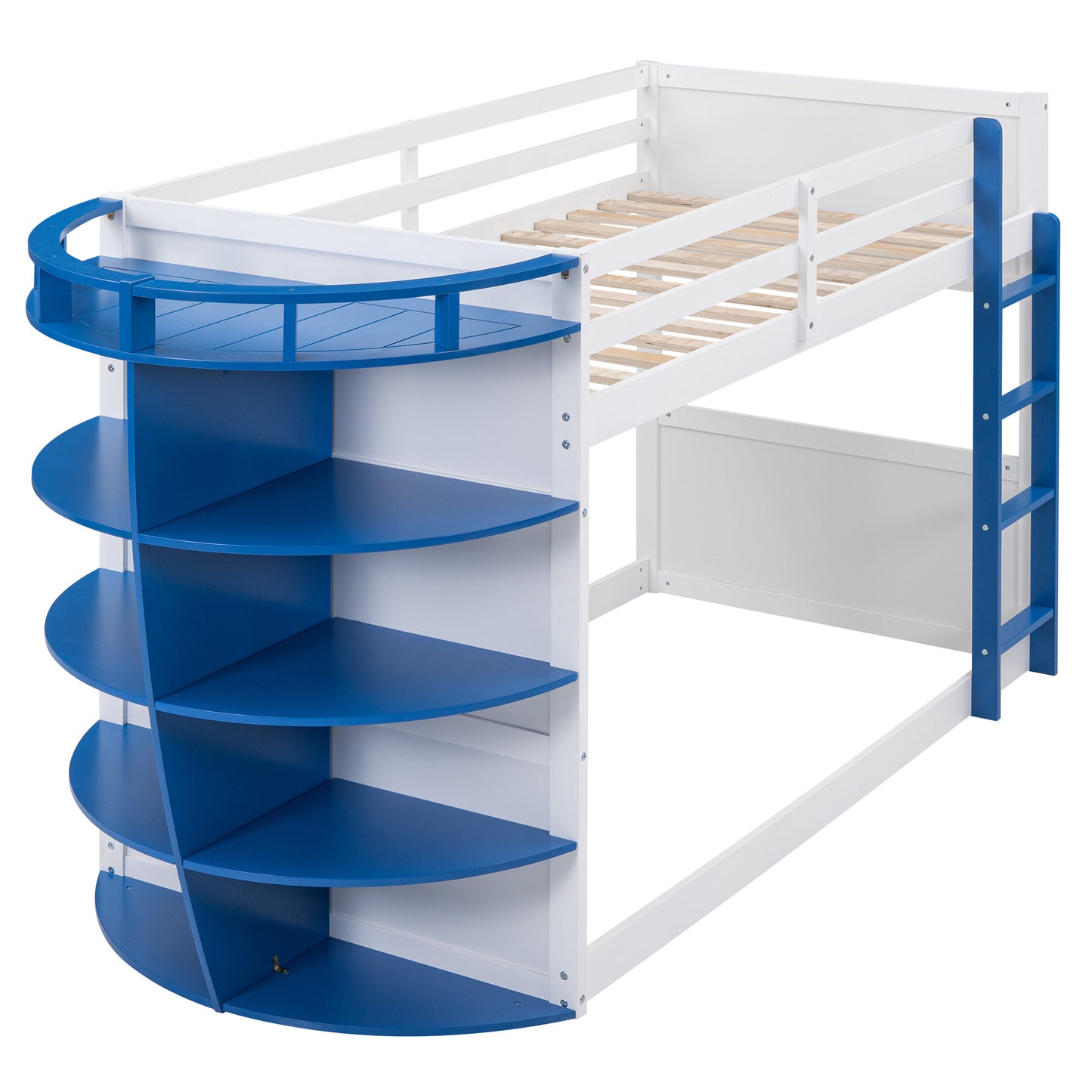 White and Blue Boat-Inspired Twin over Twin Bunk Bed with Storage Shelves