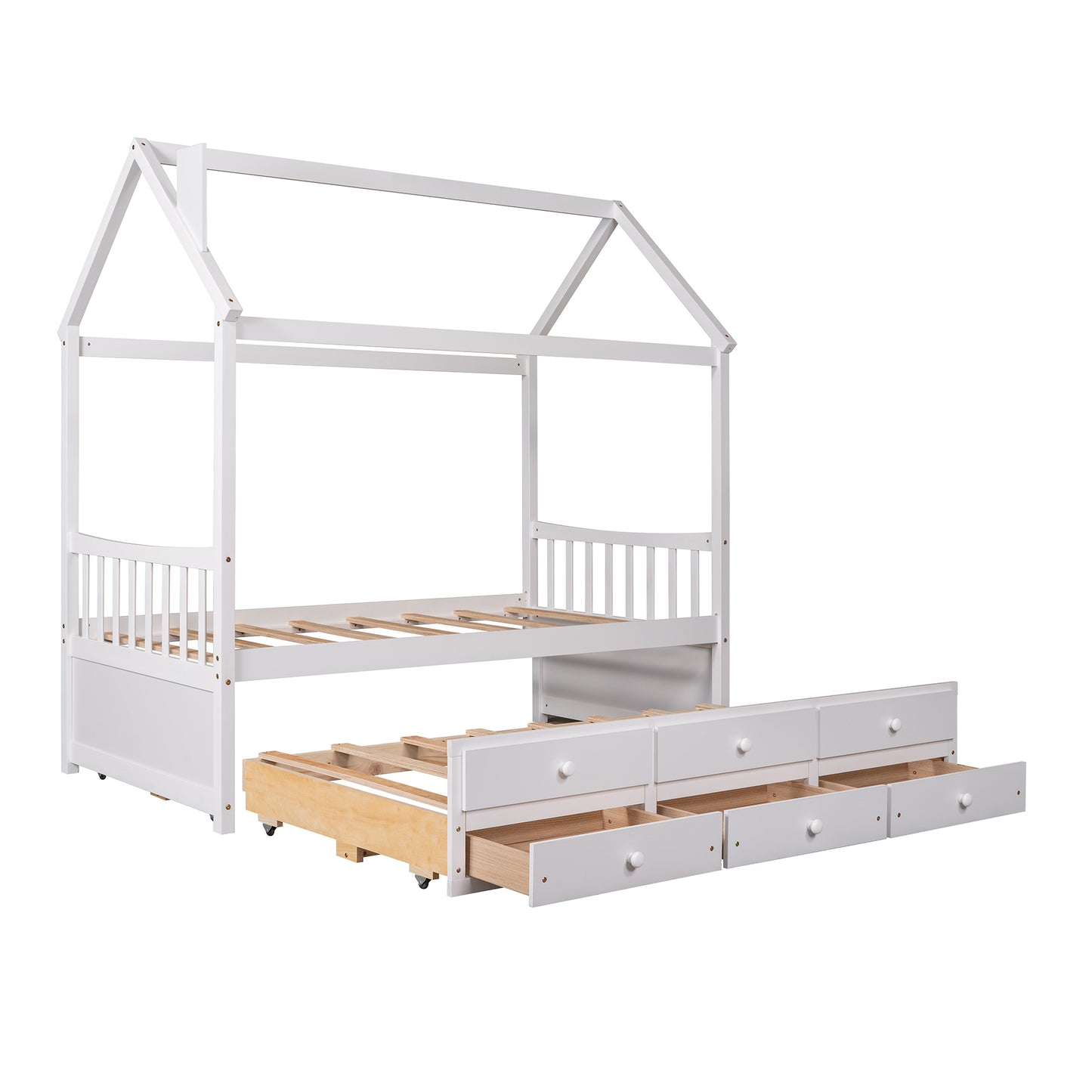 Twin size Wooden House Bed with Trundle and 3 Storage Drawers-White