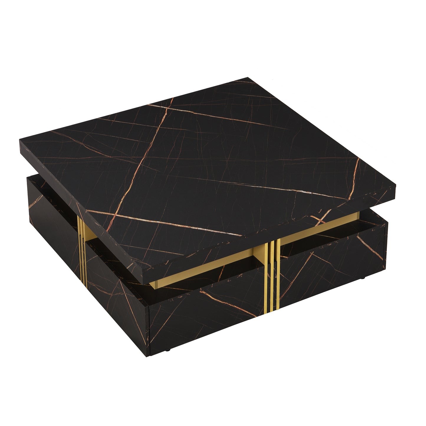 Contemporary Square Black Coffee Table with Gold Accents and Storage Drawers