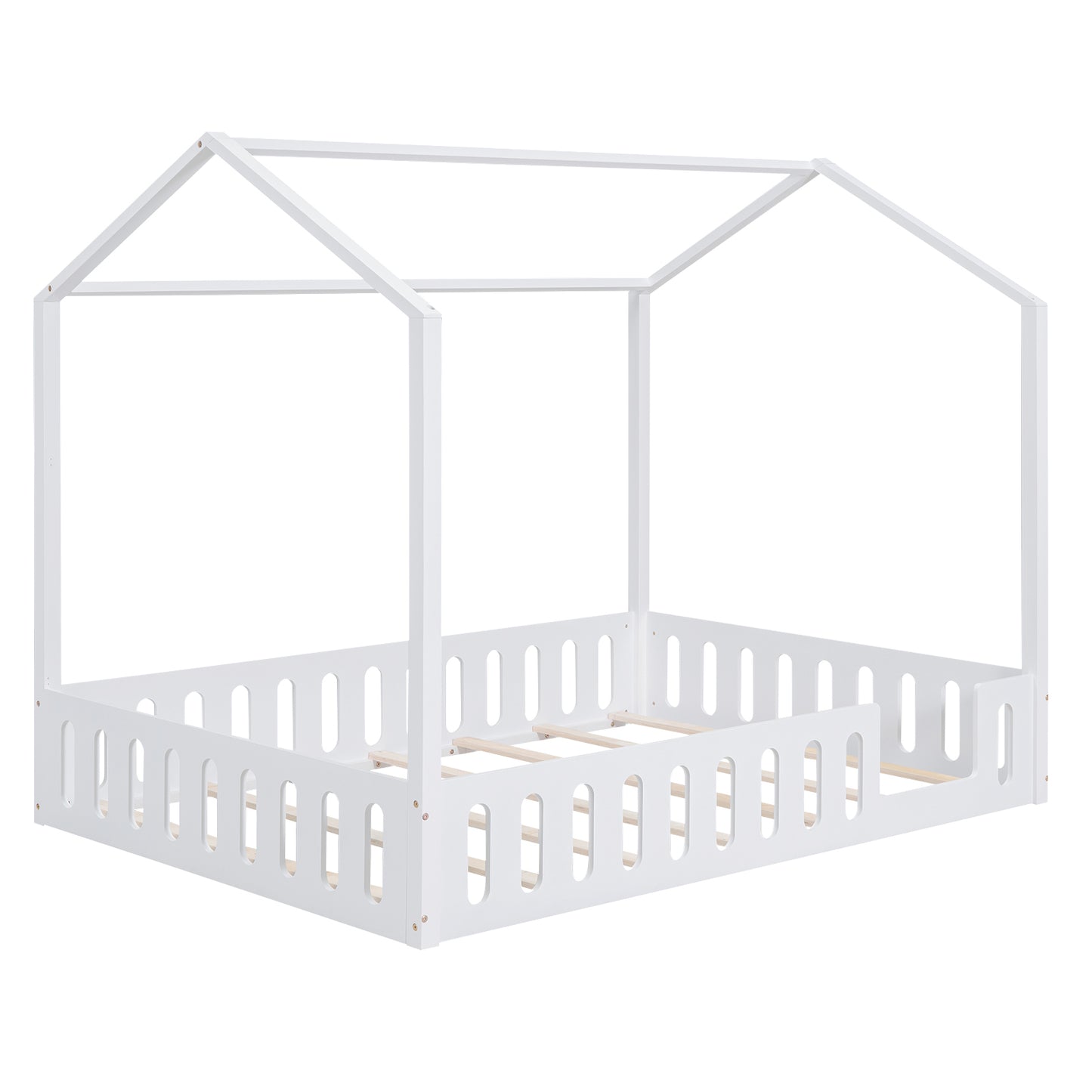 Full Size Wood House Bed with Fence and Detachable Storage Shelves, White(Expected Arrival Time: 1.7)